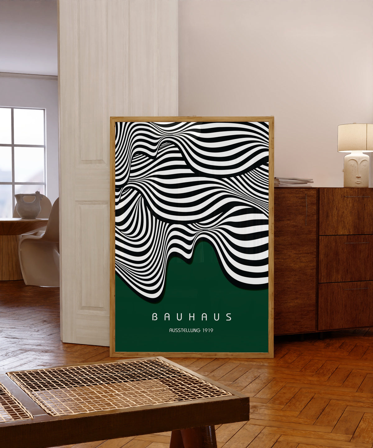 Framed art print of Ausstellung Waves by Bauhaus, in a light wood frame leaning in a warm room with a parquet floor