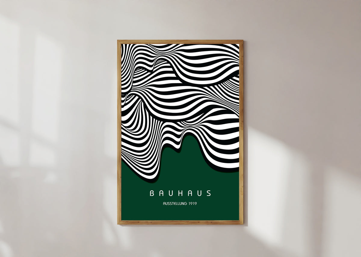 Framed art print of Ausstellung Waves by Bauhaus, in a light wood frame on a sunlit white wall