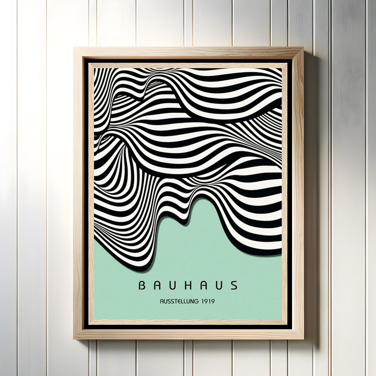 Framed art print of Ausstellung Waves by Bauhaus, in a light wood frame on a white panelled wall