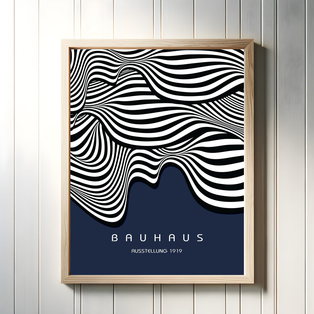 Framed art print of Ausstellung Waves by Bauhaus, in a light wood frame on a white panelled wall