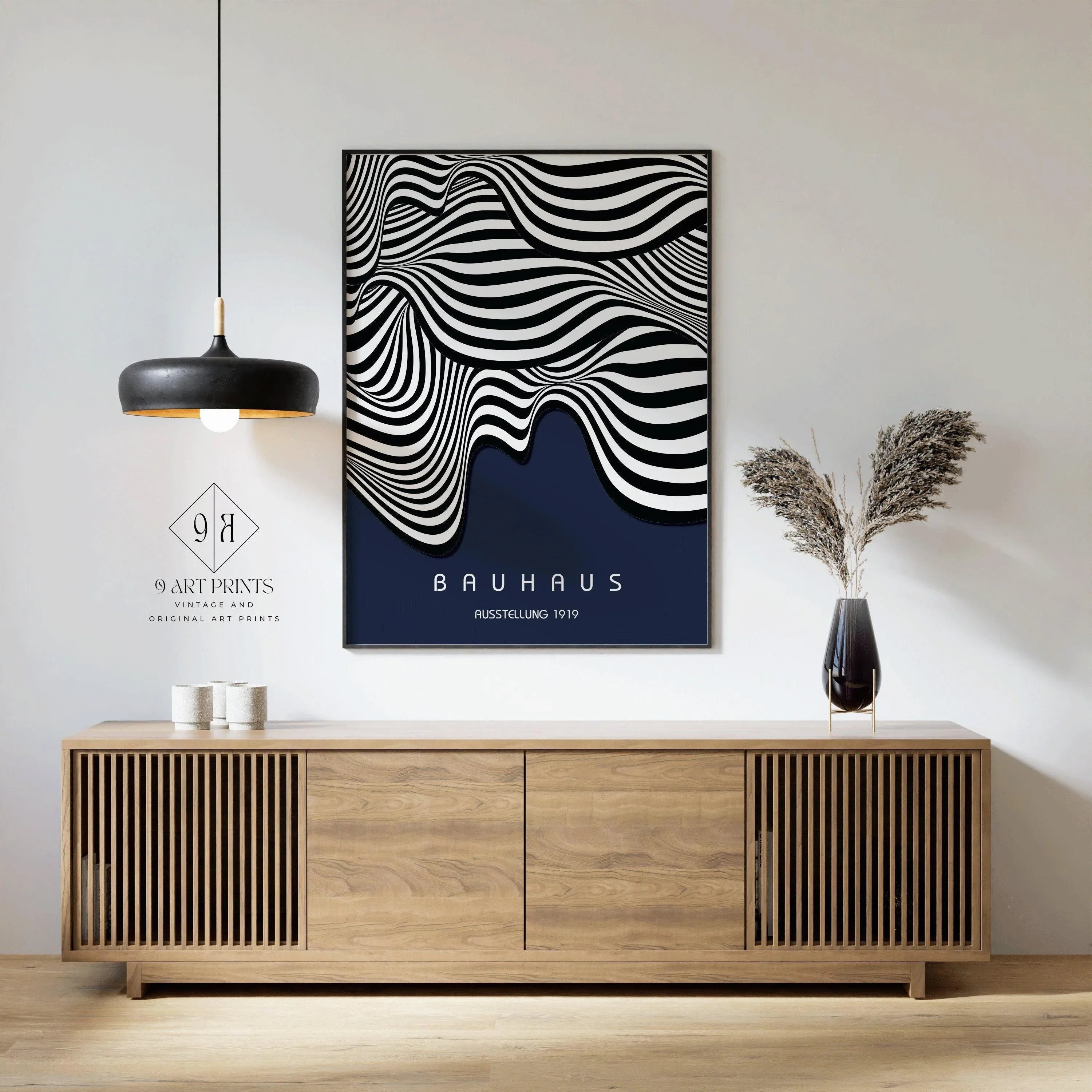 Bauhaus Ausstellung Navy Blue (Waves) PRINT | Vintage Mid - century Modern Poster