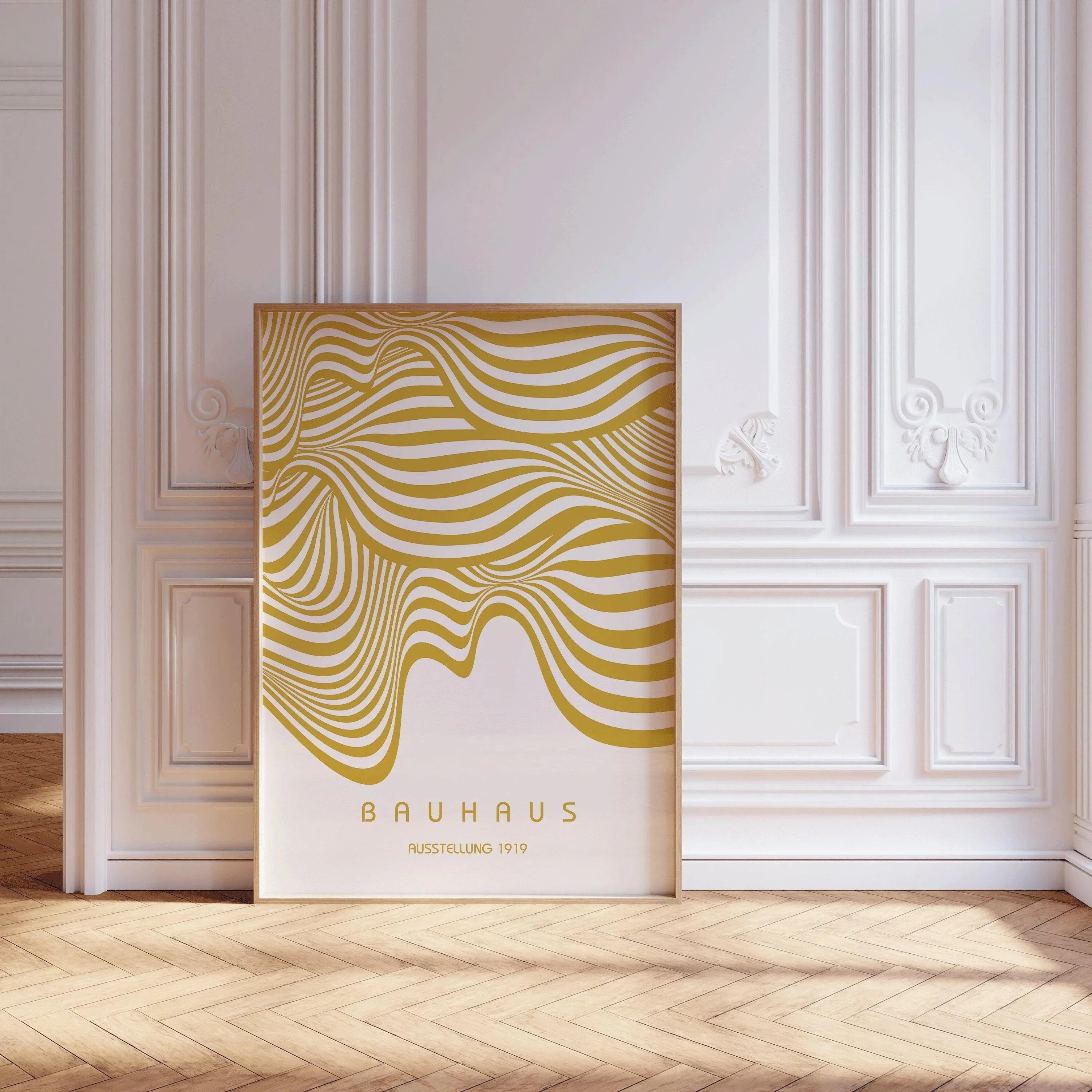 Bauhaus Ausstellung White and Gold (Waves) PRINT | Vintage Mid - century Modern Poster (Available handframed or unframed) - 9ArtPrints