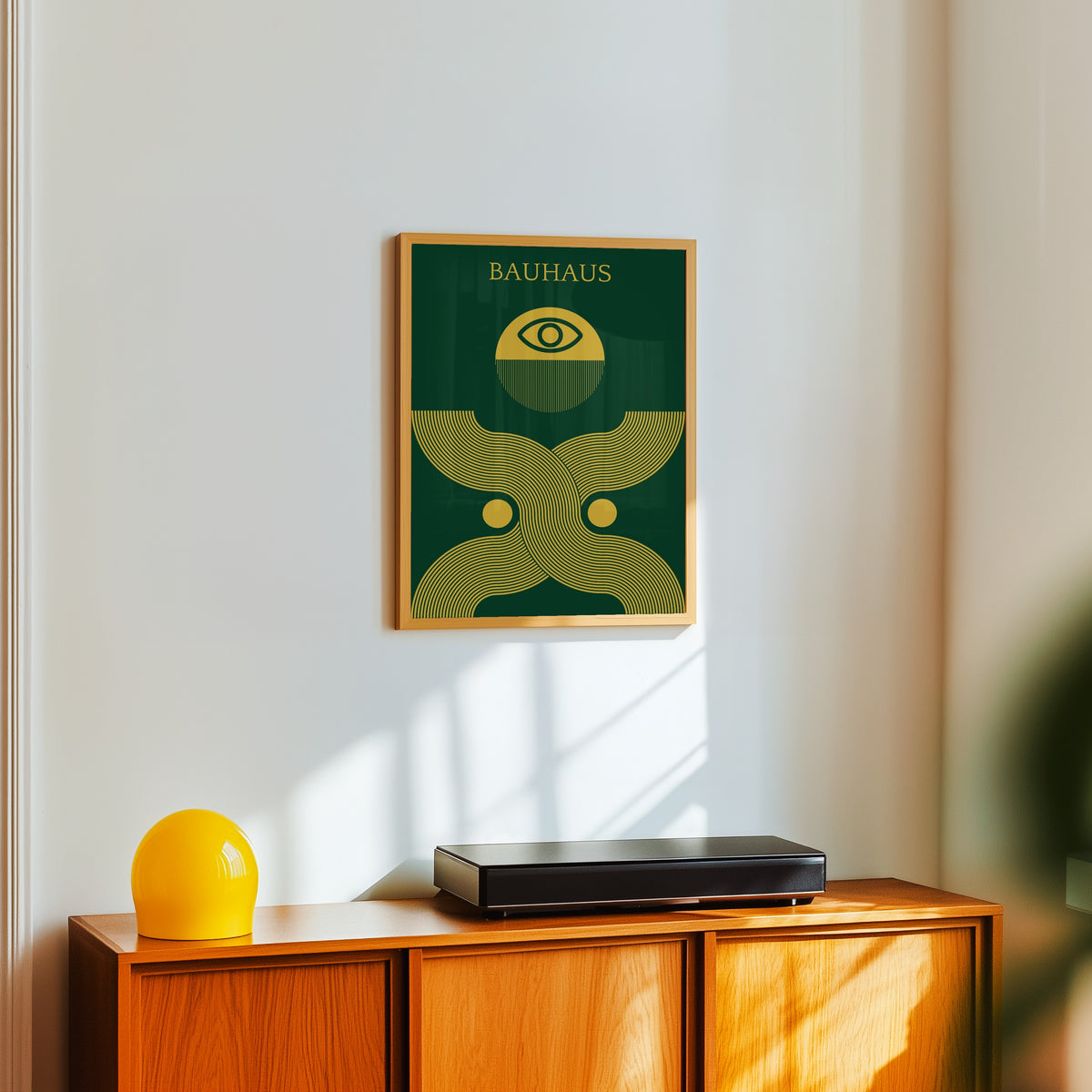 Framed art print of Deus Ex by Bauhaus, in a light wood frame on a white wall above an orange sideboard