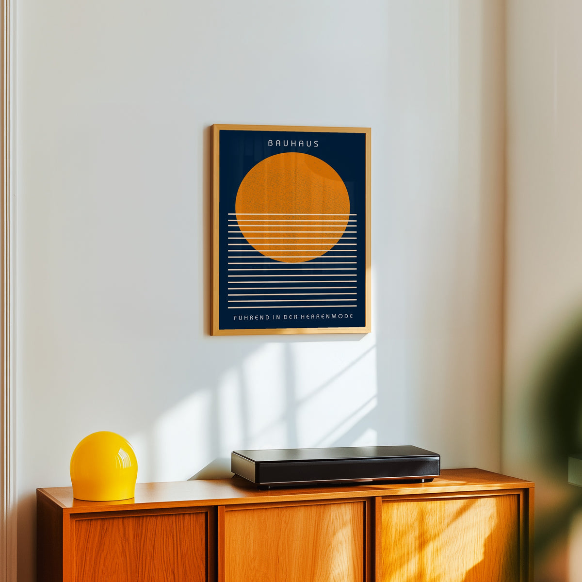 Framed art print of Führend by Bauhaus, in a light wood frame on a white wall above an orange sideboard