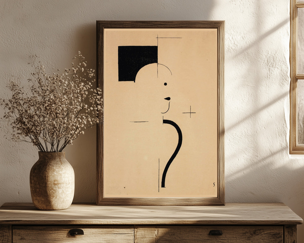 Framed art print of Vintage Poster by Bauhaus, in a dark wood frame leaning on a rustic console beside dried flowers