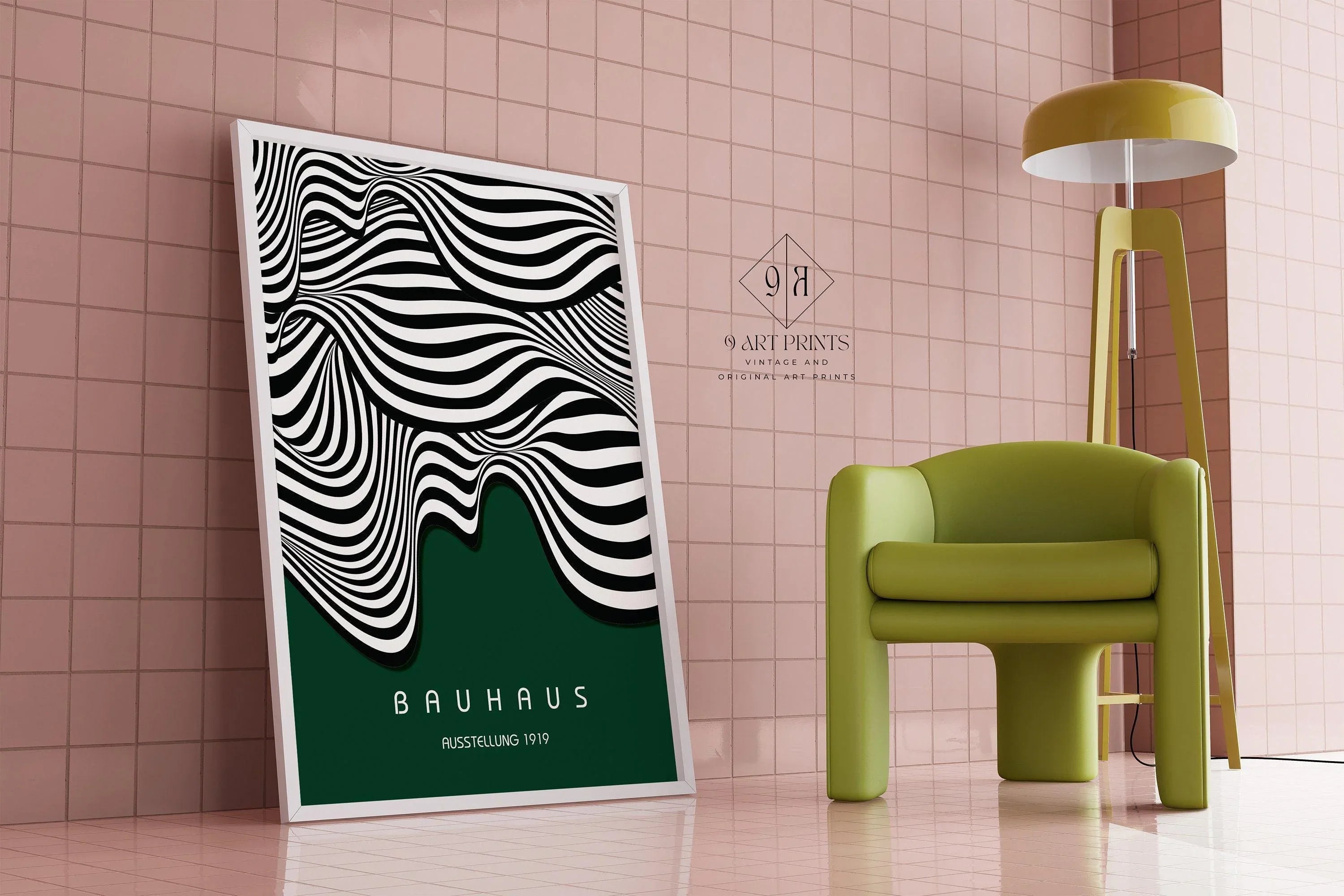 Bauhaus Waves Art Print: Mid - Century Modern Forest Green Poster - 9ArtPrints