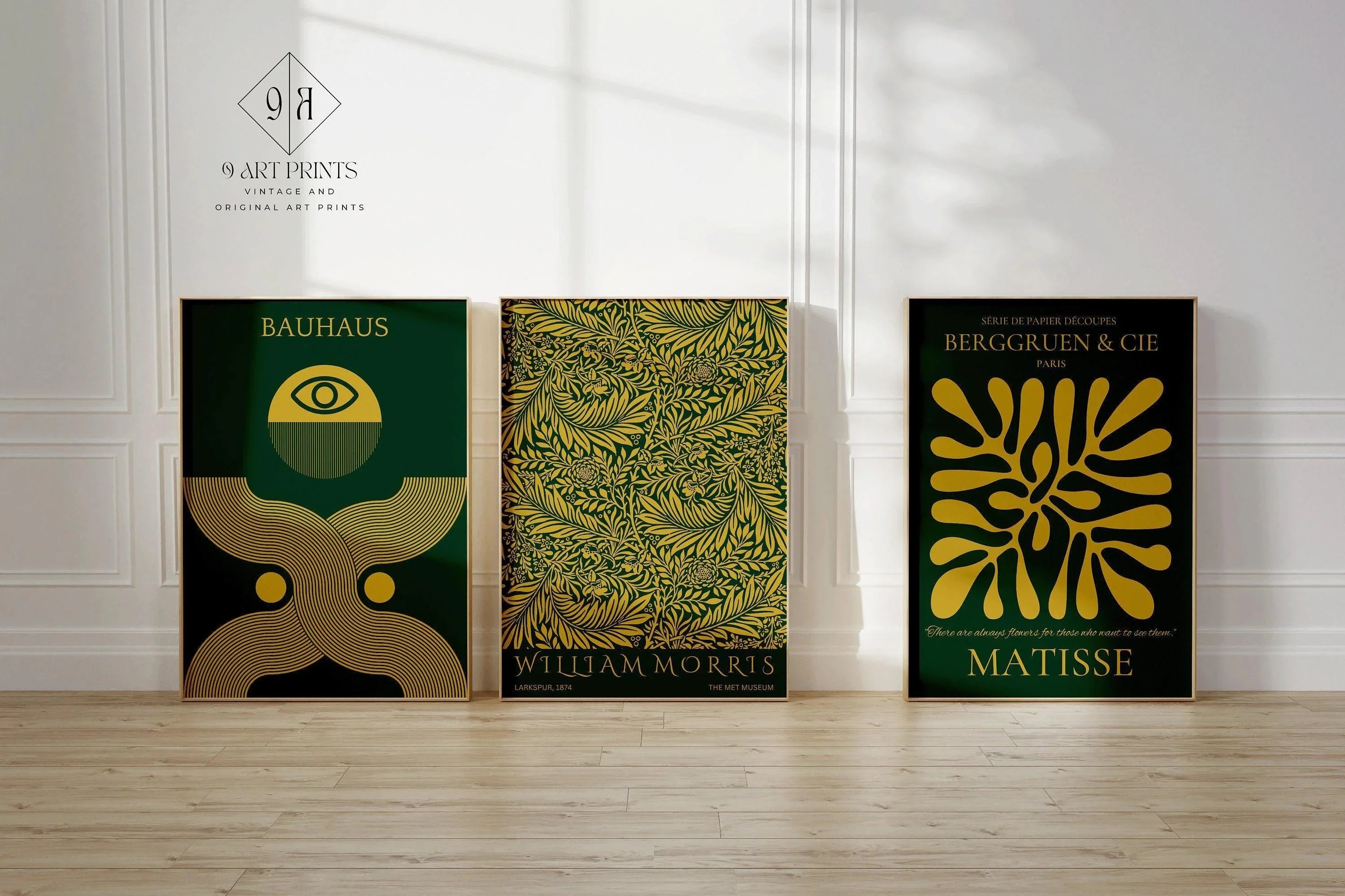 Bauhaus William Morris Matisse Art Print Set: Emerald Green Gold (Framed or Unframed) - 9ArtPrints