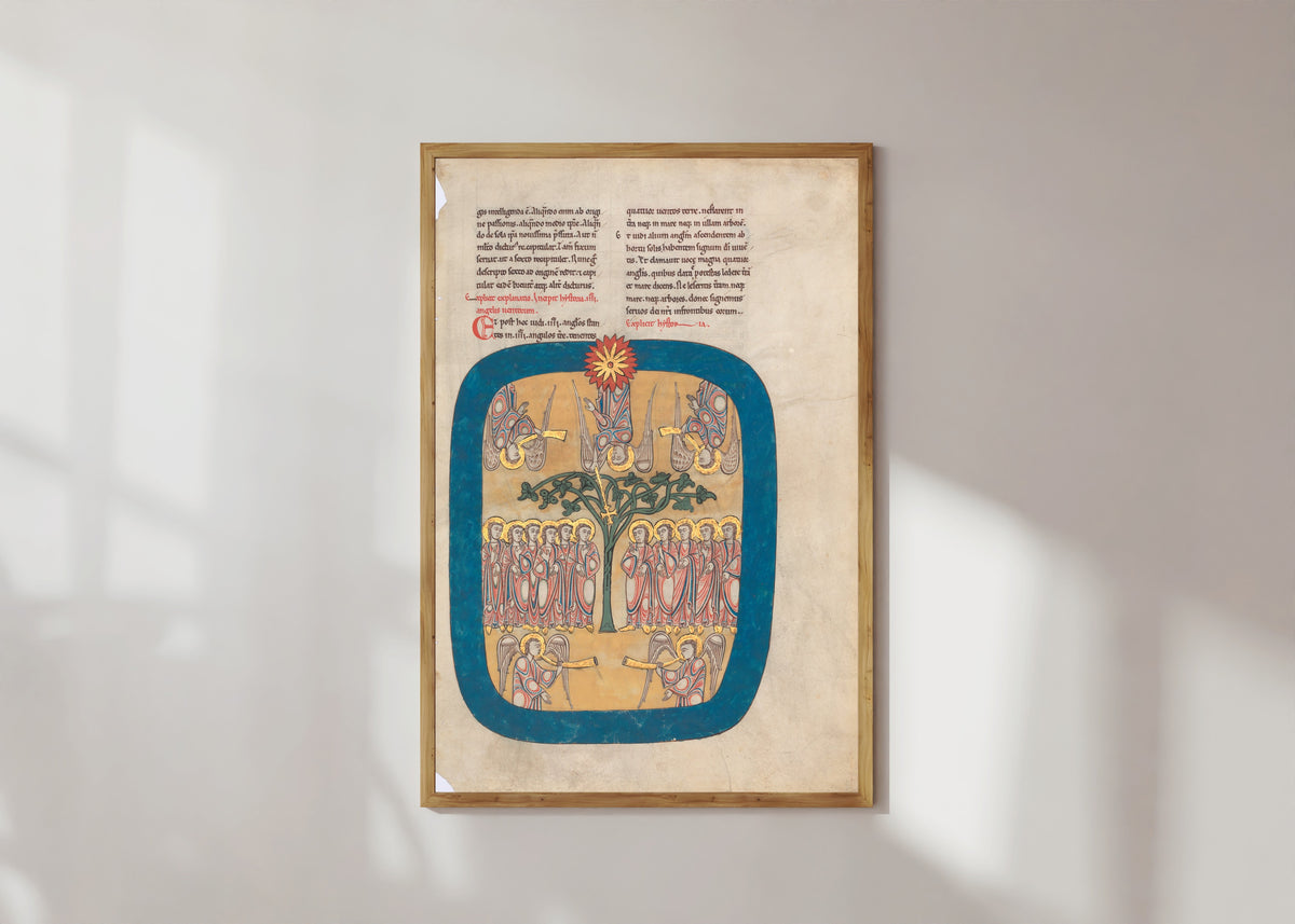 Framed art print of Beatus: Angels Restrain the Four Winds; the Angel Ascends from the Rising Sun, in a light wood frame on a sunlit white wall