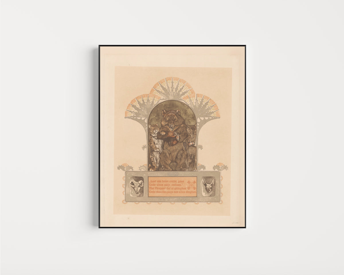 Framed art print of Luipaard, beer en wolf (Firapeel, Bruun en Isegrim) by Bernard Willem Wierink, in a slim black frame on a plain white wall