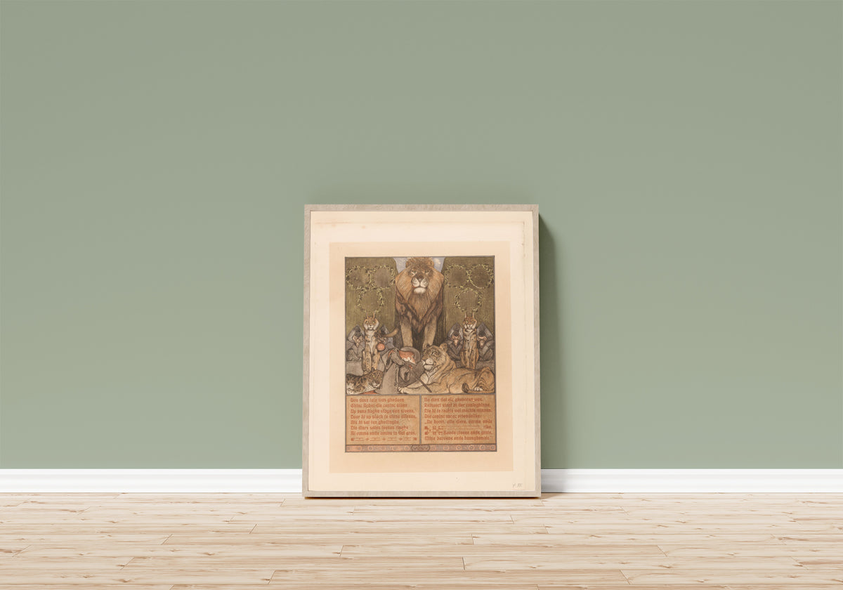 Framed art print of Vos in monnikspij (Reinaert) aan voeten… by Bernard Willem Wierink, in a light wood frame leaning on a sage green wall above a wooden floor