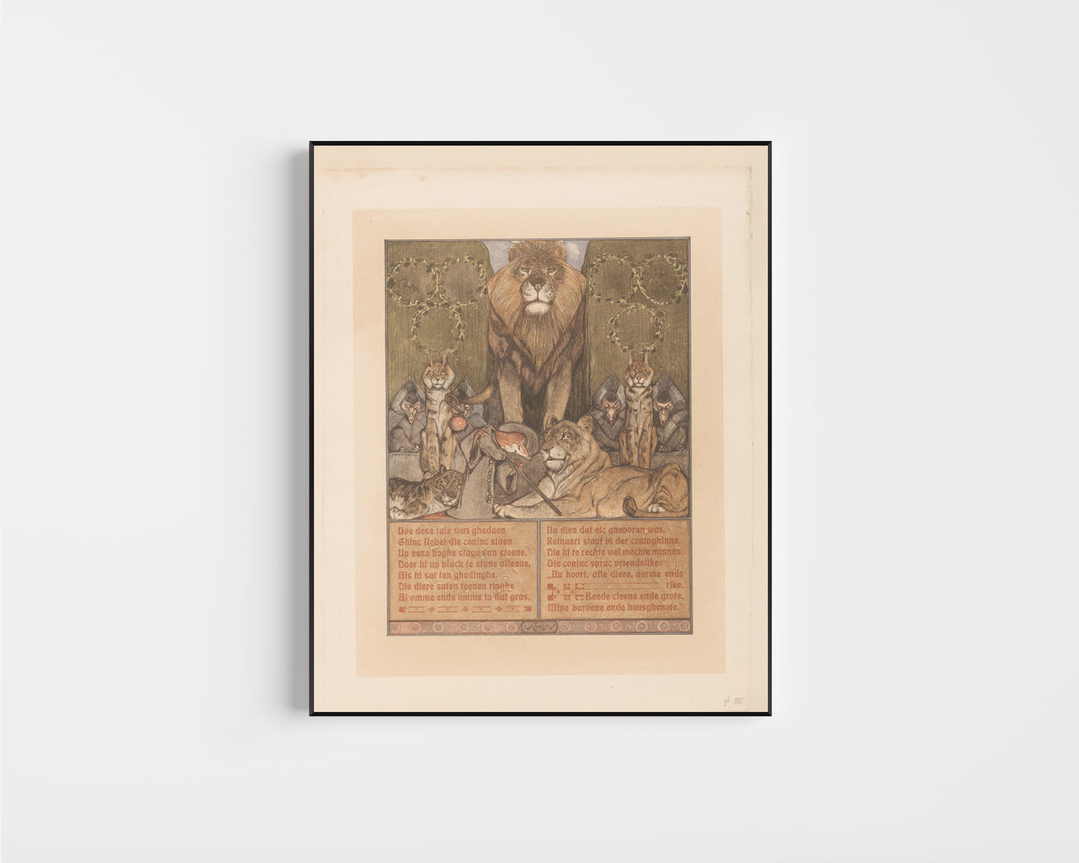 Framed art print of Vos in monnikspij (Reinaert) aan voeten van leeuw (Nobel) [Reynard… by Bernard Willem Wierink, in a slim black frame on a plain white wall