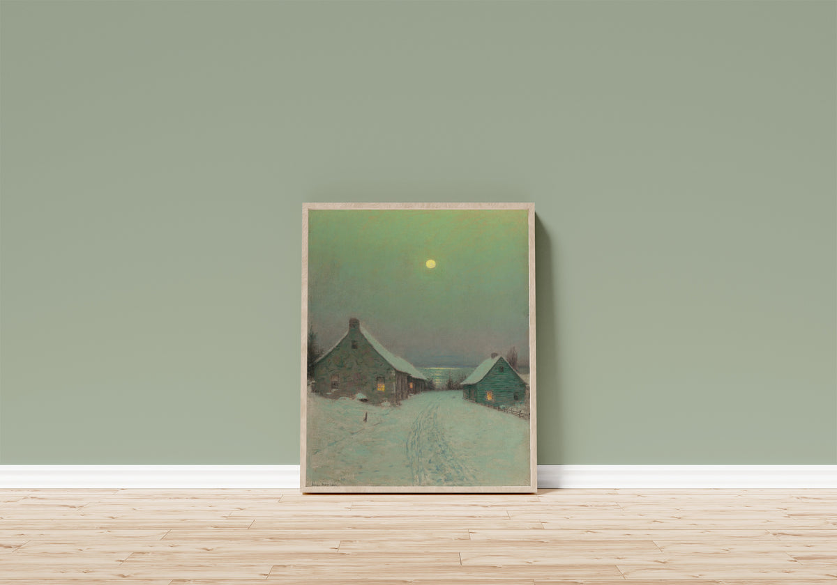 Framed art print of Christmas Eve by Birge Harrison, in a light wood frame leaning on a sage green wall above a wooden floor