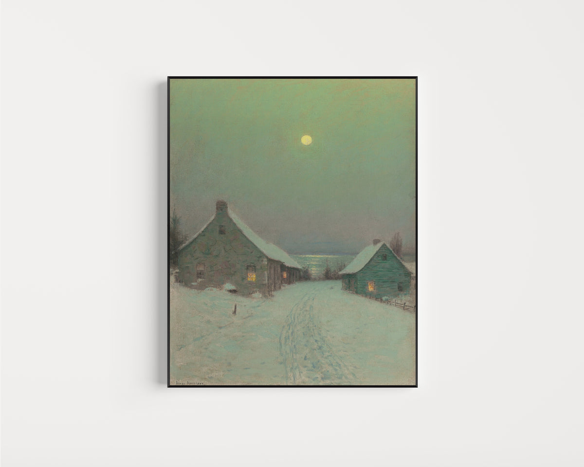 Framed art print of Christmas Eve by Birge Harrison, in a slim black frame on a plain white wall