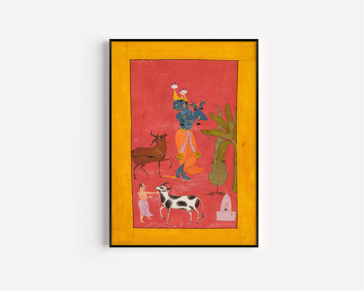 Bundi school — Krishna Fluting | Indian Miniature Painting Print