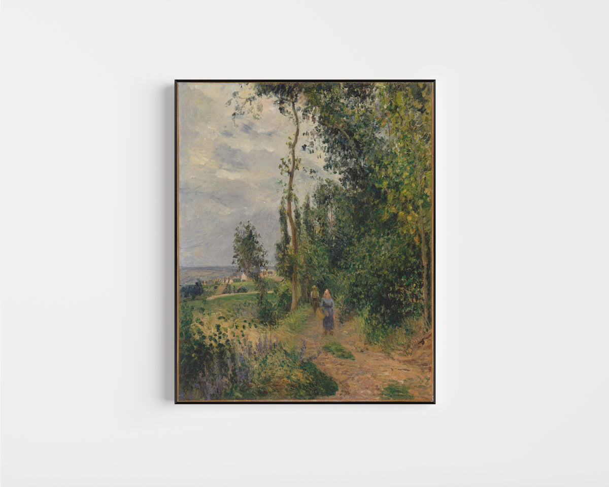 Framed art print of Côte des Grouettes, near Pontoise by Camille Pissarro, in a slim black frame on a plain white wall