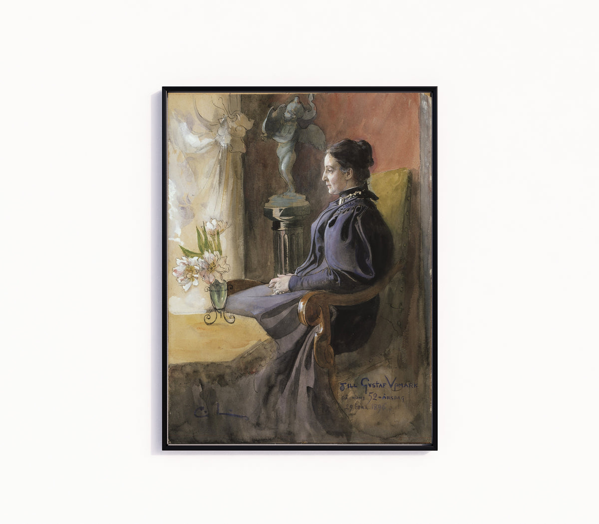 Framed art print of Eva Upmark, née Kindstrand by Carl Larsson, in a slim black frame on a plain white wall