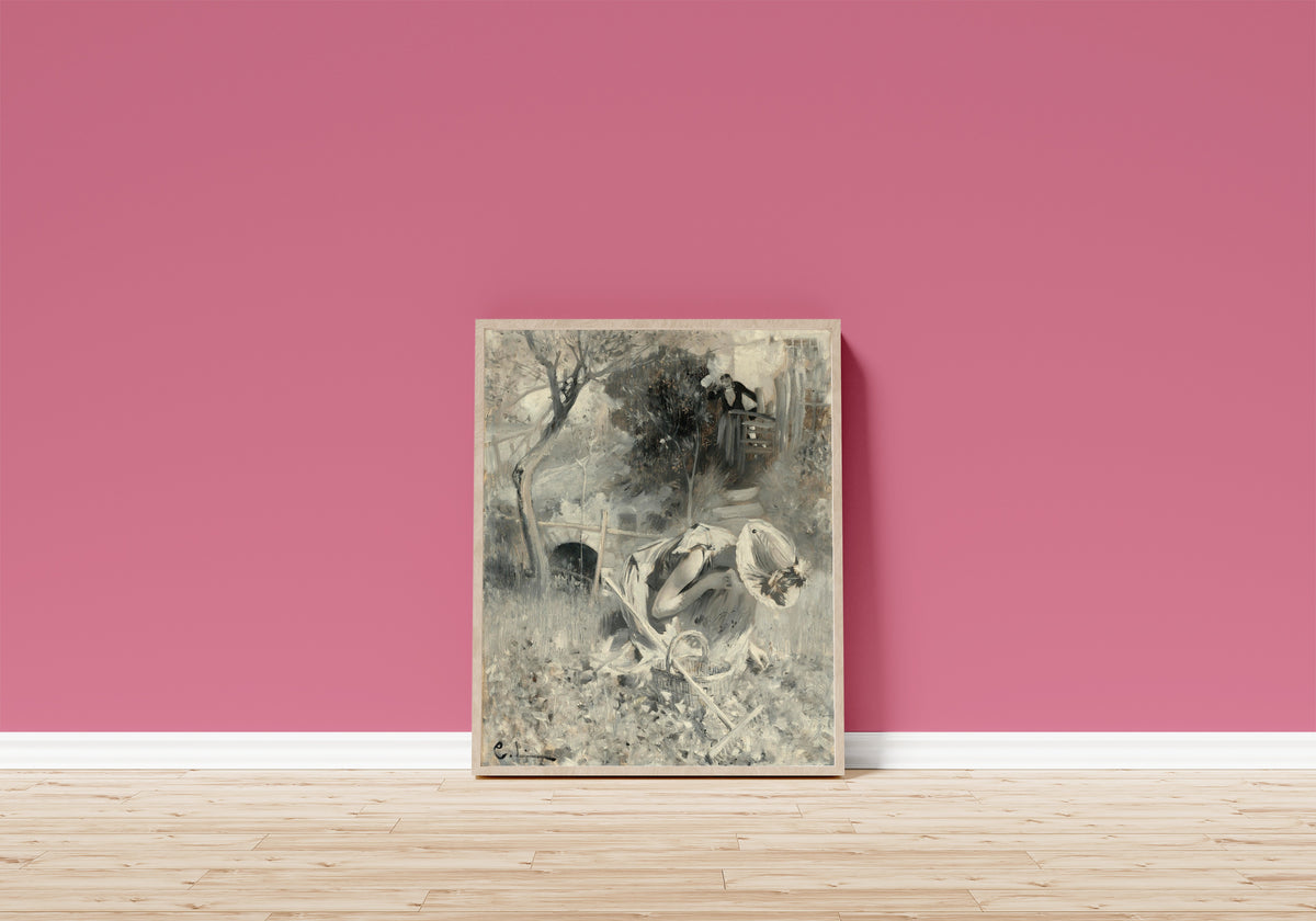 Framed art print of Garden Idyll by Carl Larsson, in a light wood frame leaning on a pink wall above a wooden floor