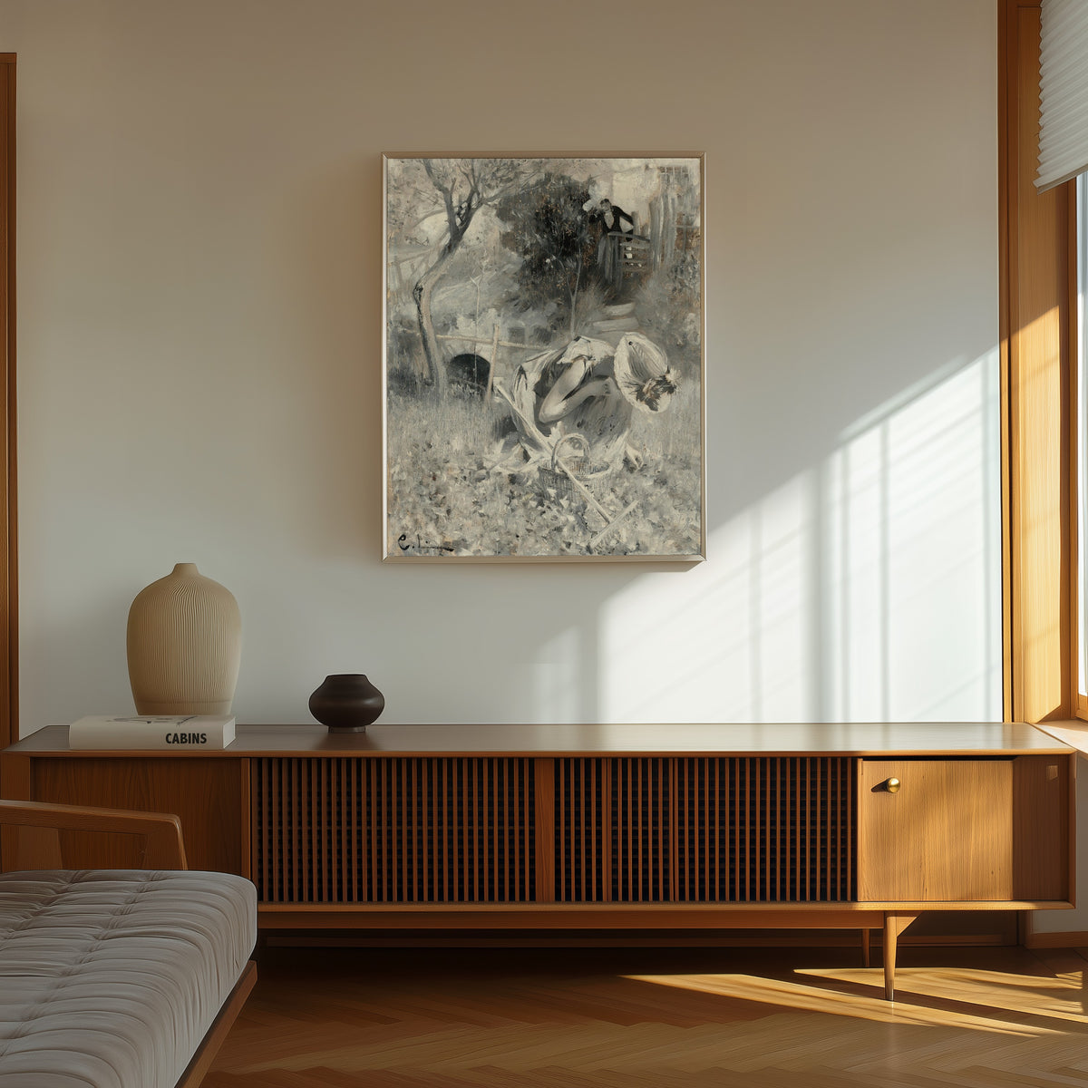 Framed art print of Garden Idyll by Carl Larsson, in a thin light frame on a sunlit wall above a wooden sideboard
