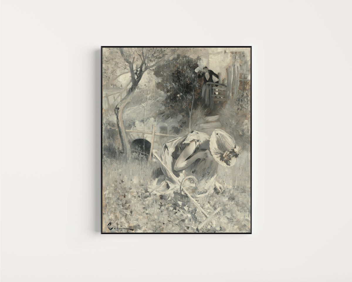 Framed art print of Garden Idyll by Carl Larsson, in a slim black frame on a plain white wall