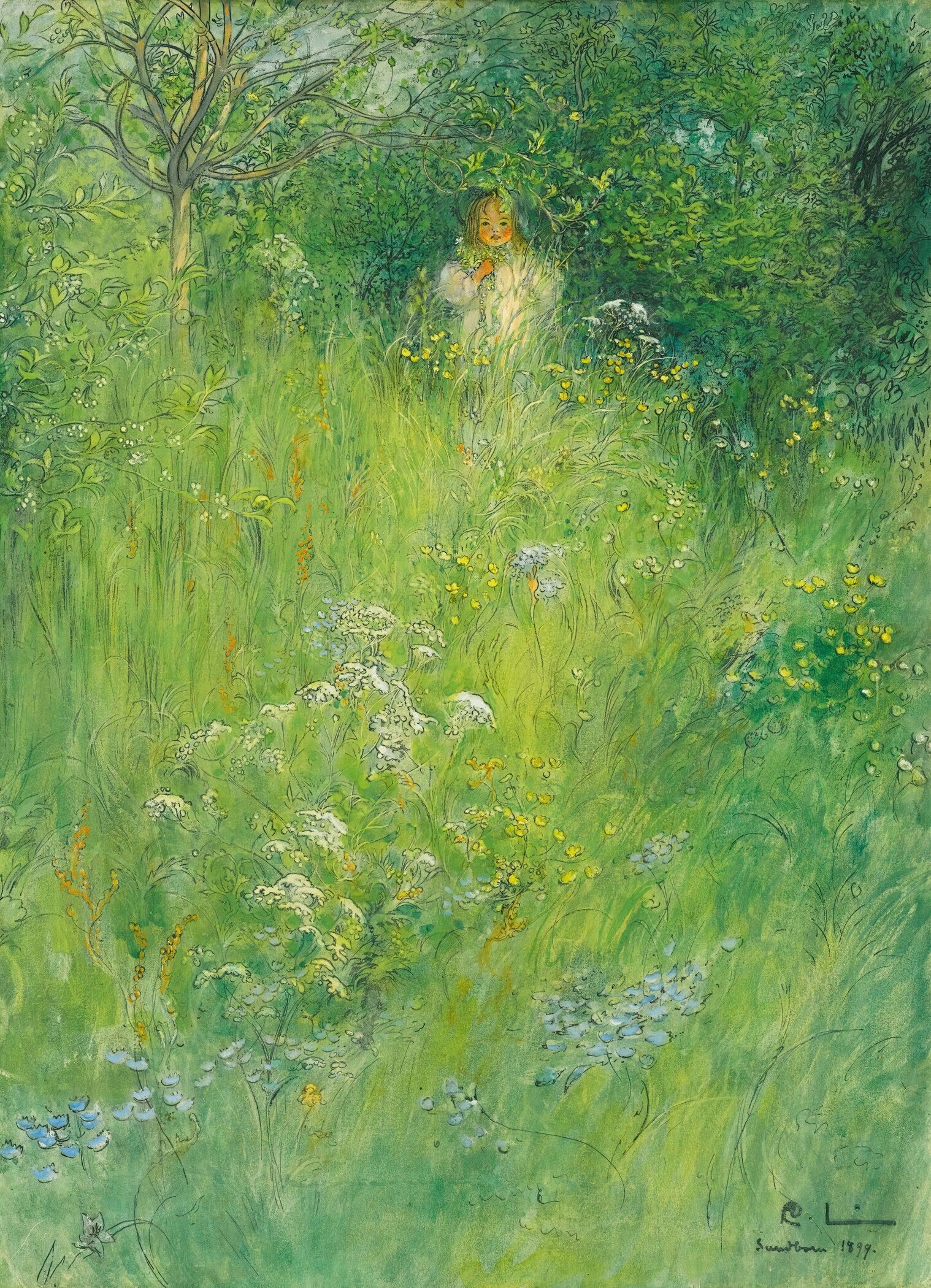 Carl Larsson — Kersti in the Meadow | Swedish Watercolour Print - 9ArtPrints