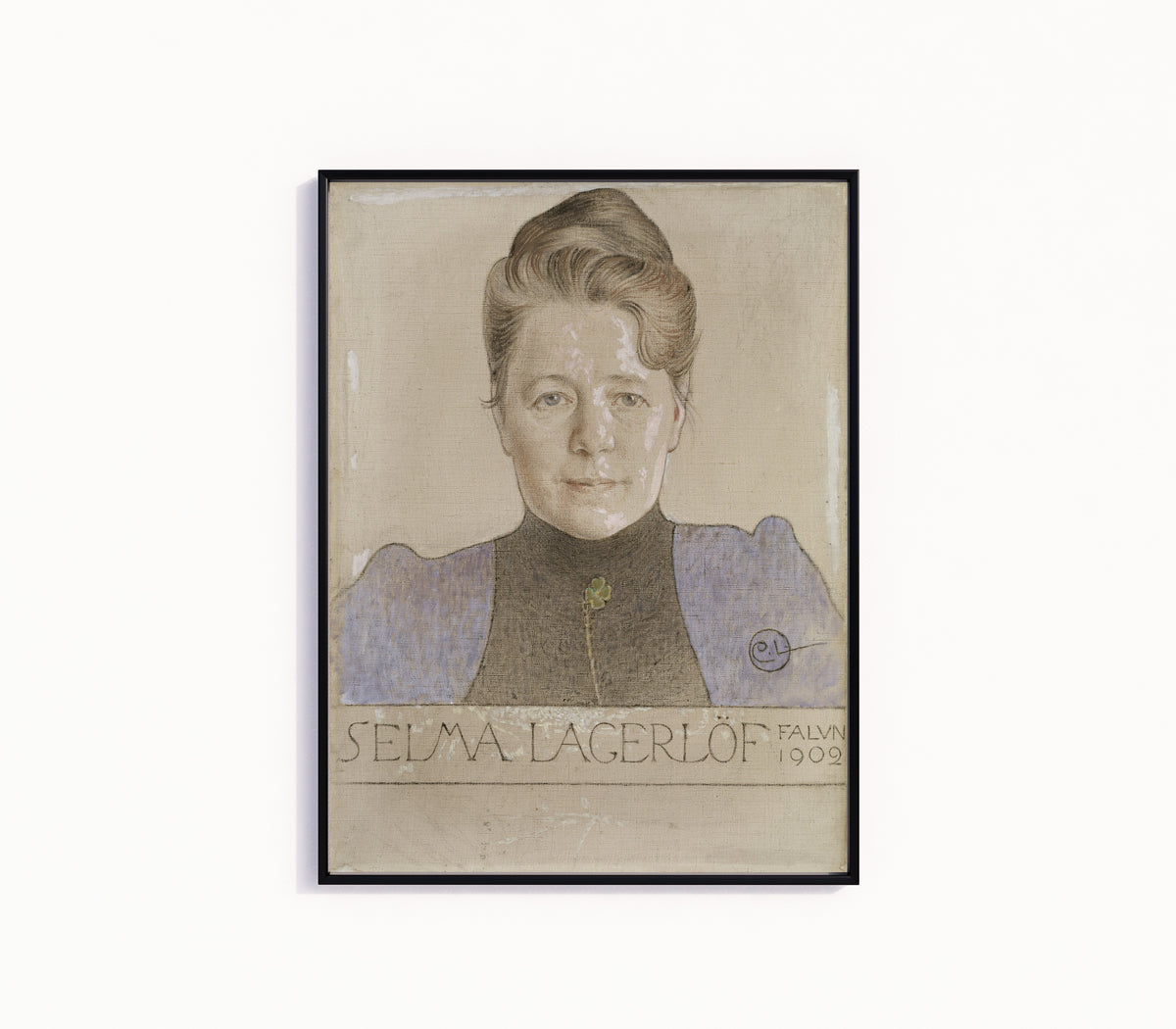 Framed art print of The Author Selma Lagerlöf by Carl Larsson, in a slim black frame on a plain white wall