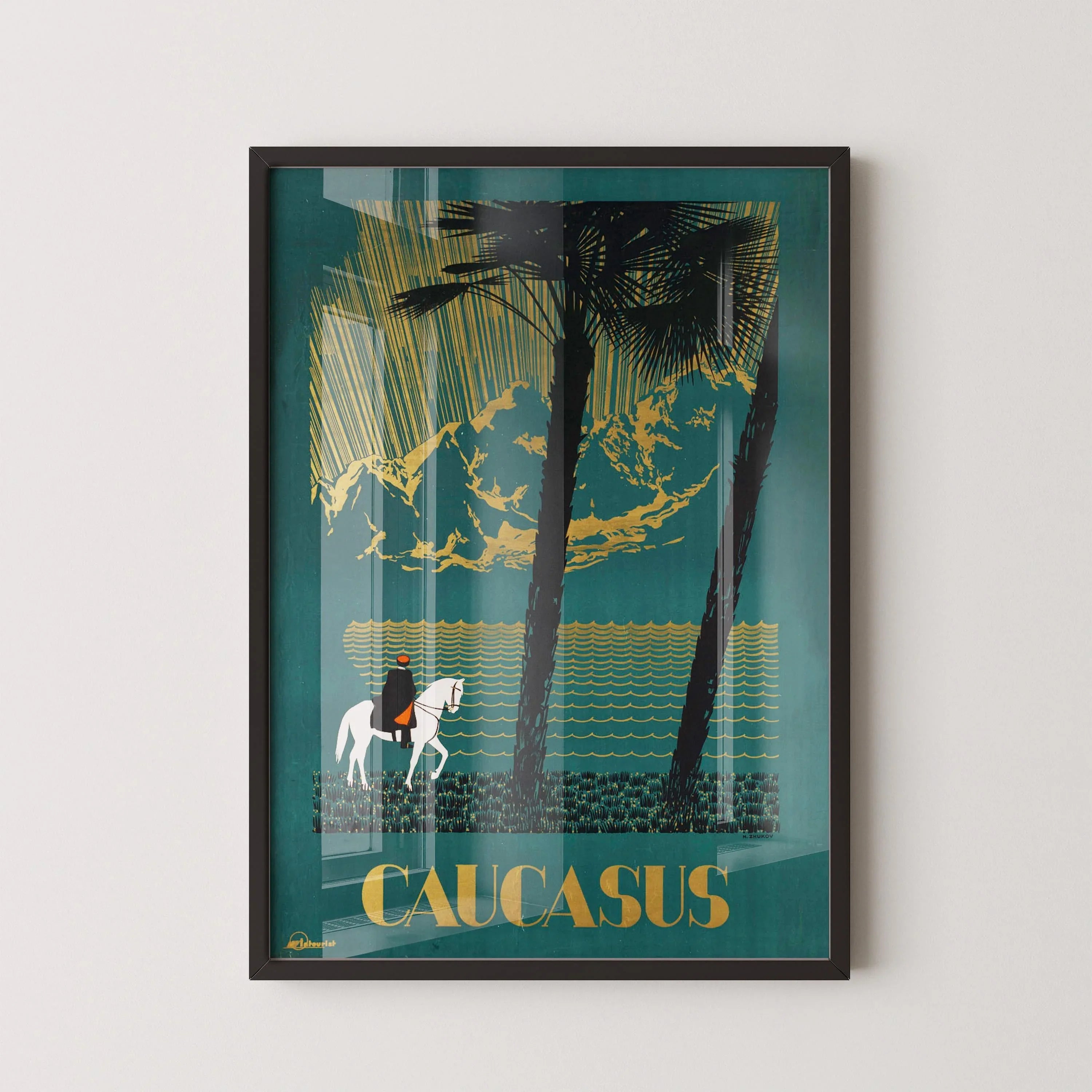Caucasus | Striking Teal Soviet Travel Poster with Gold Highlight | Vintage Movie Print