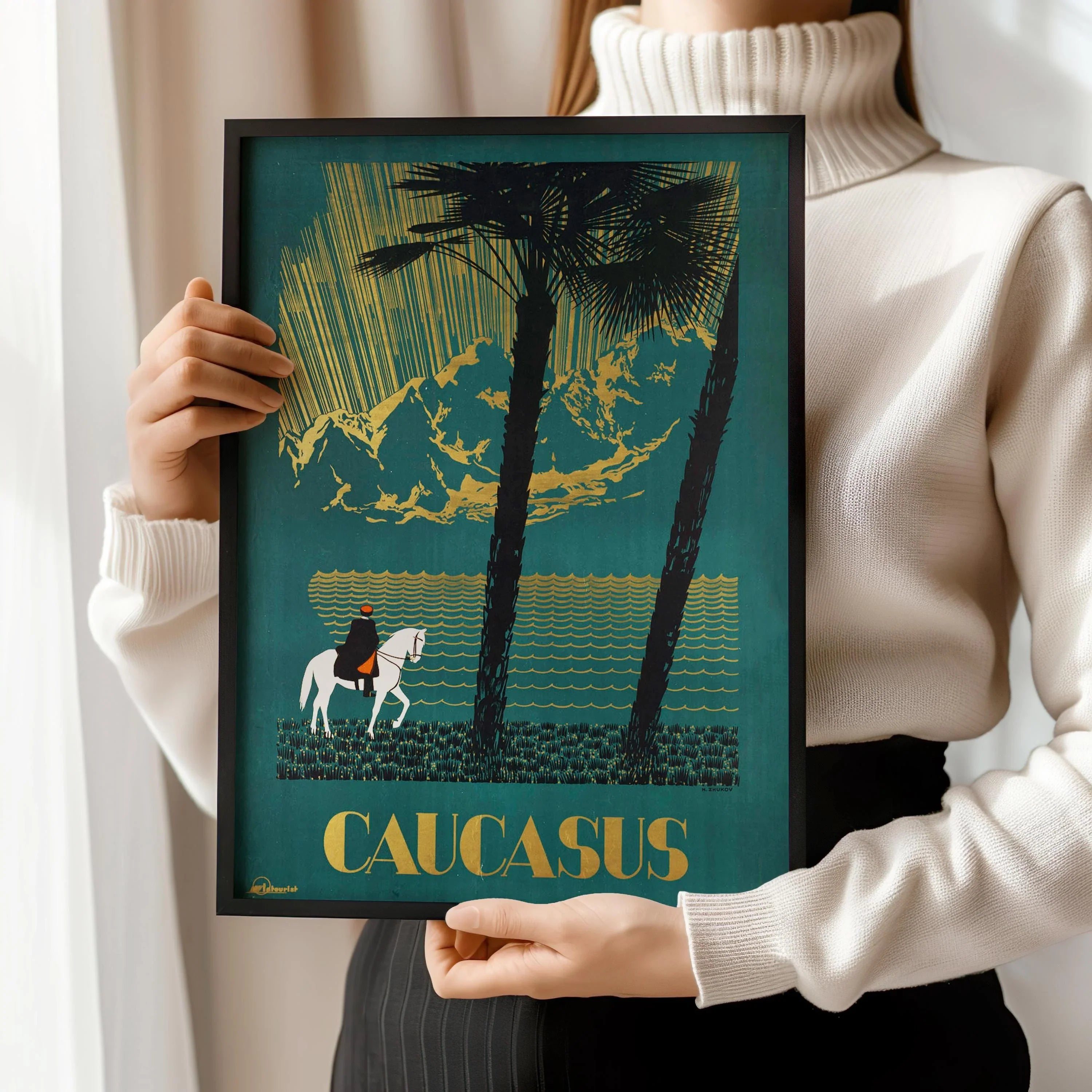 Caucasus | Striking Teal Soviet Travel Poster with Gold Highlight | Vintage Movie Print