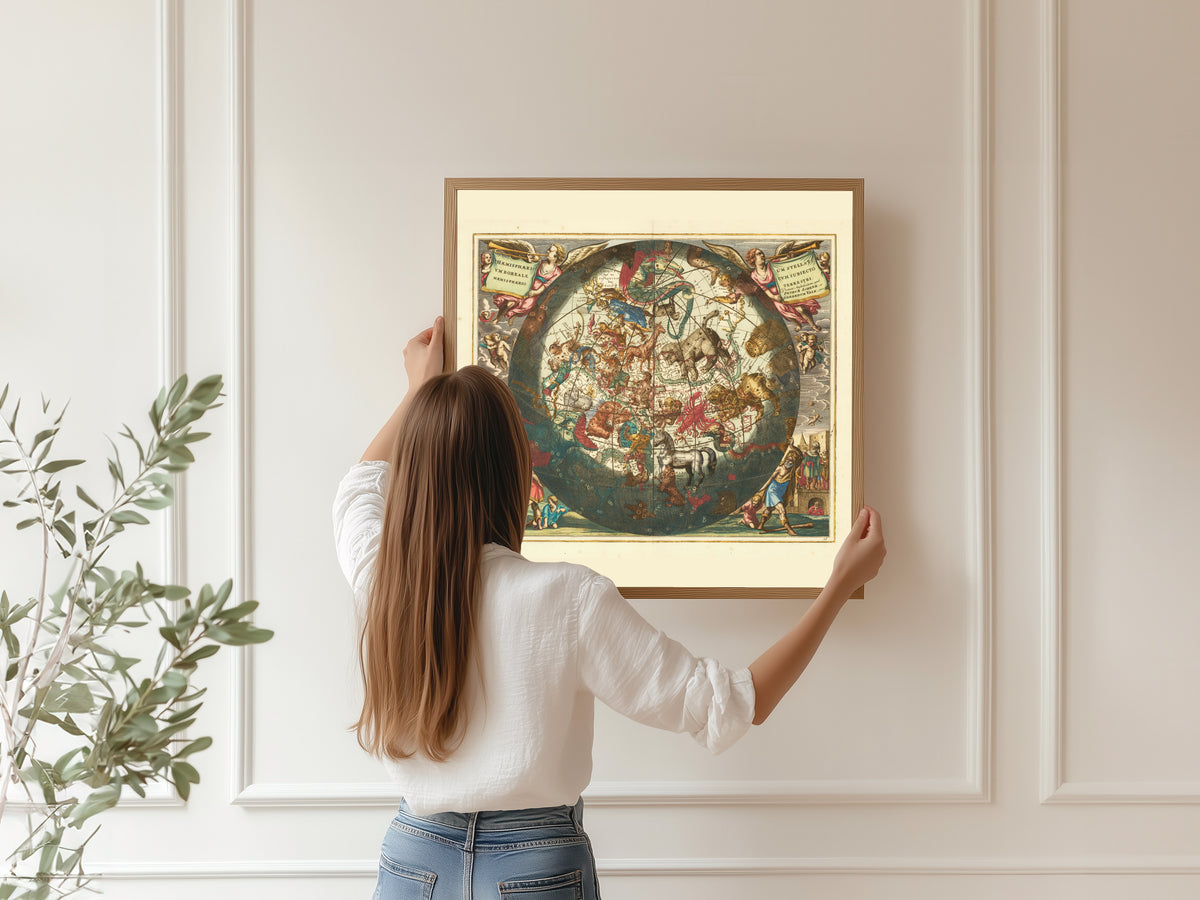 Andreas Cellarius — The Northern Starry Hemisphere over the Earth (Plate 26, Azure Colouring) | Celestial Map Print