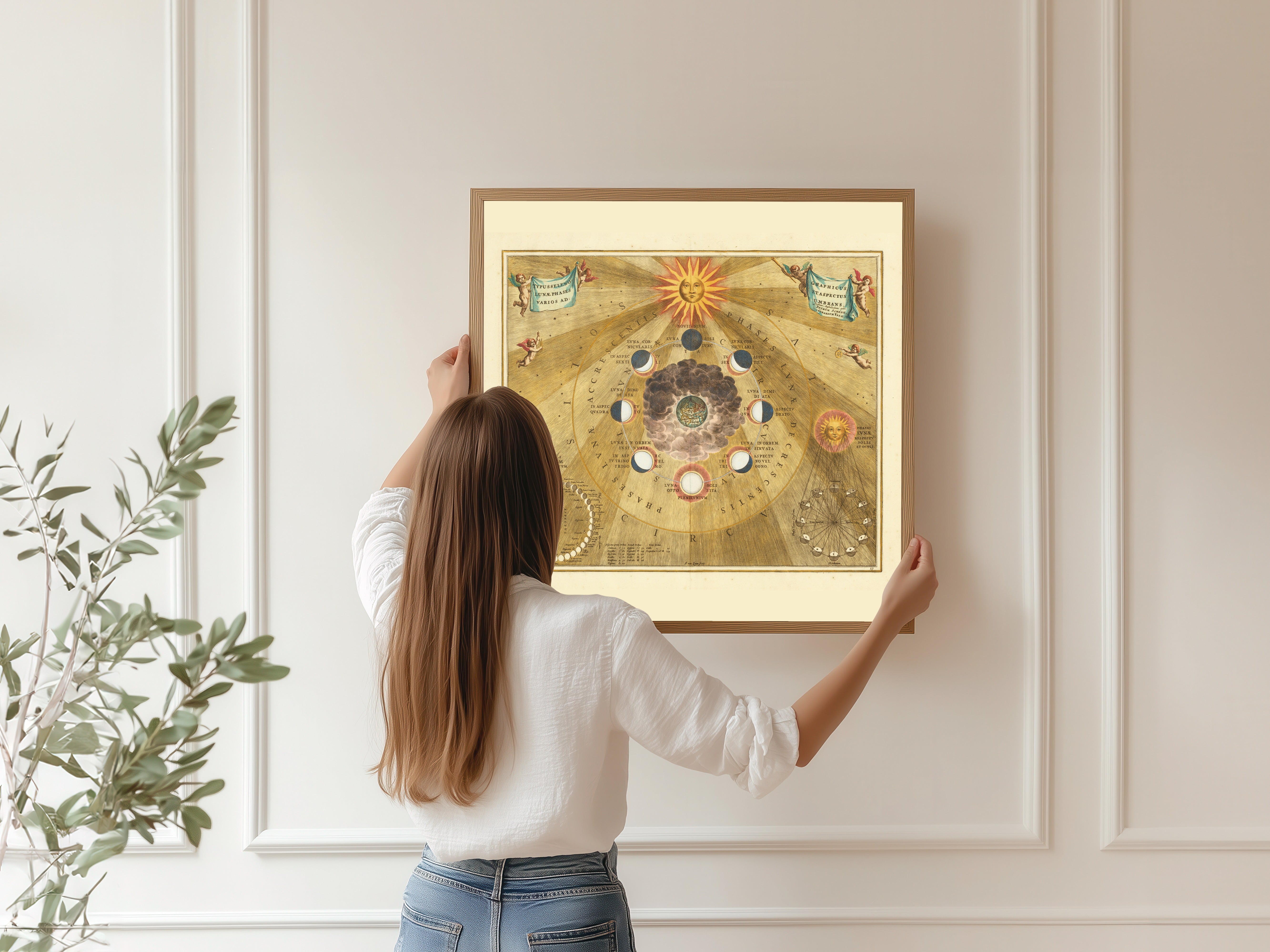 Andreas Cellarius — The Phases and Aspects of the Moon (Plate 19, Gold Colouring) | Celestial Map Print