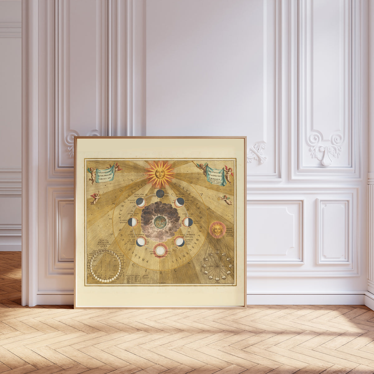 Andreas Cellarius — The Phases and Aspects of the Moon (Plate 19, Gold Colouring) | Celestial Map Print