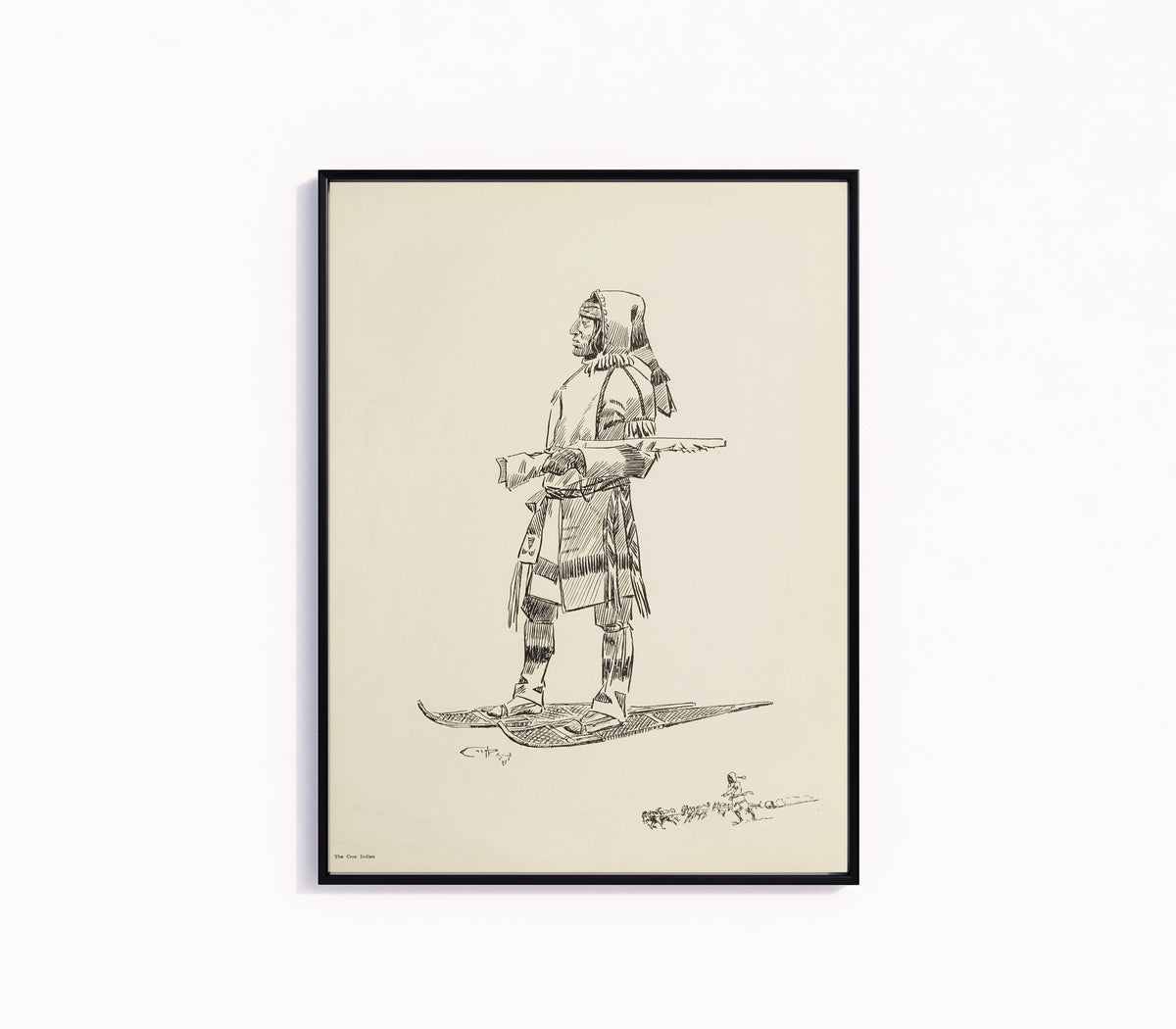 Framed art print of The Cree Indian by Charles M. Russell, in a slim black frame on a plain white wall