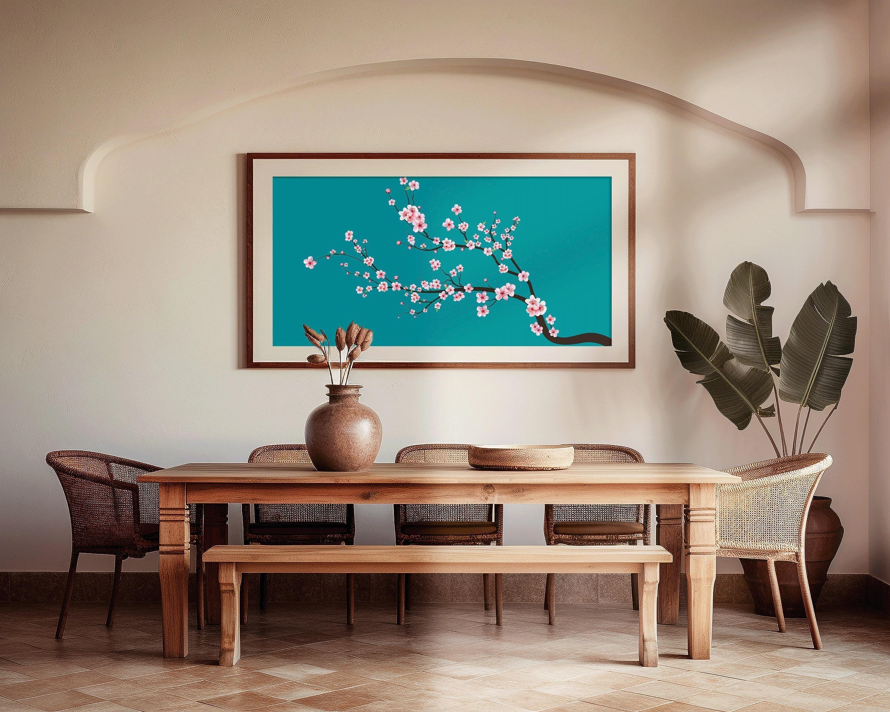 Cherry Blossom Panoramic Art Print: Aquamarine Teal Blue Sakura (2x1) - 9ArtPrints