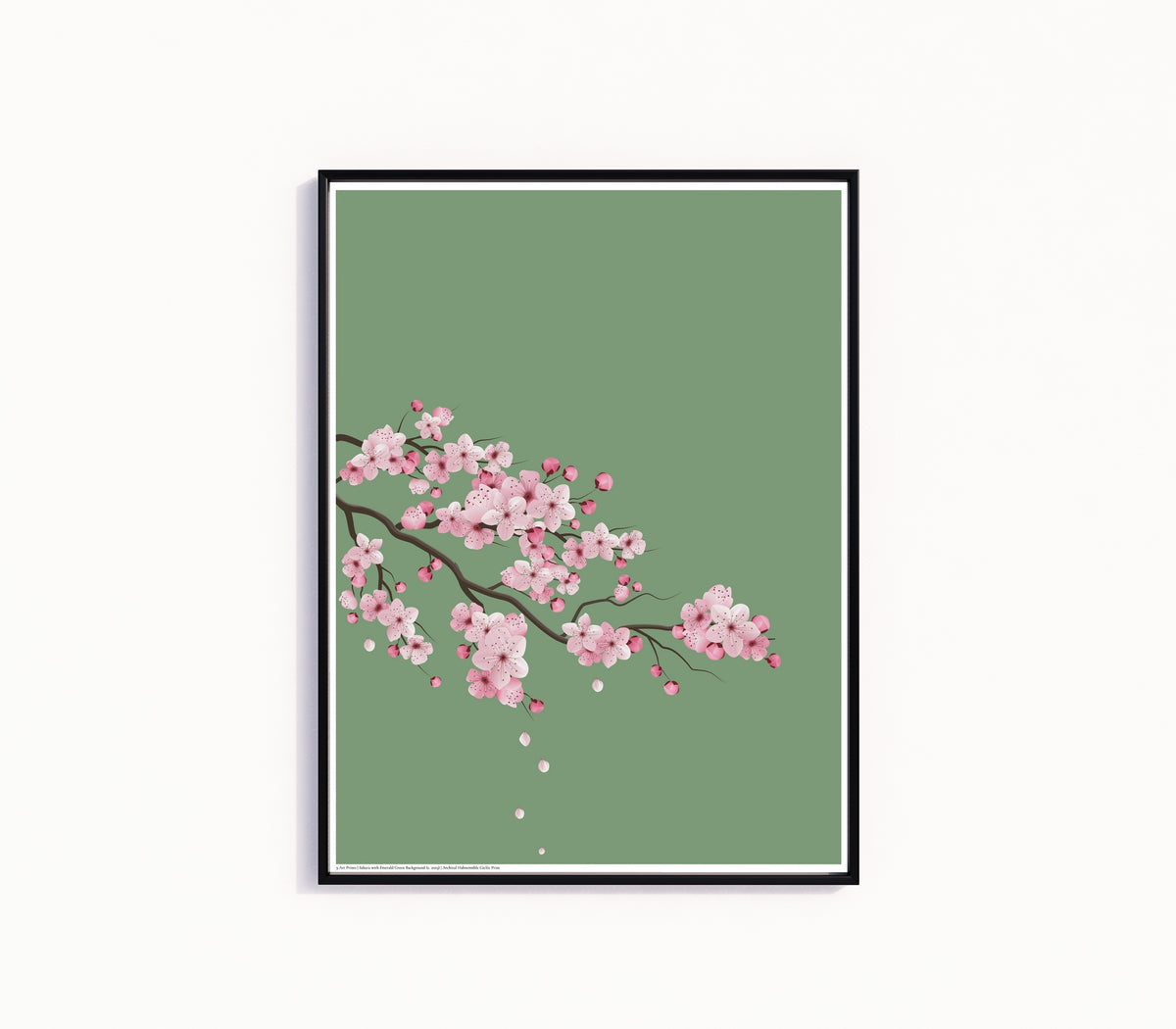 Framed art print of Cherry Blossoms with Emerald Green Background by Original, in a slim black frame on a plain white wall