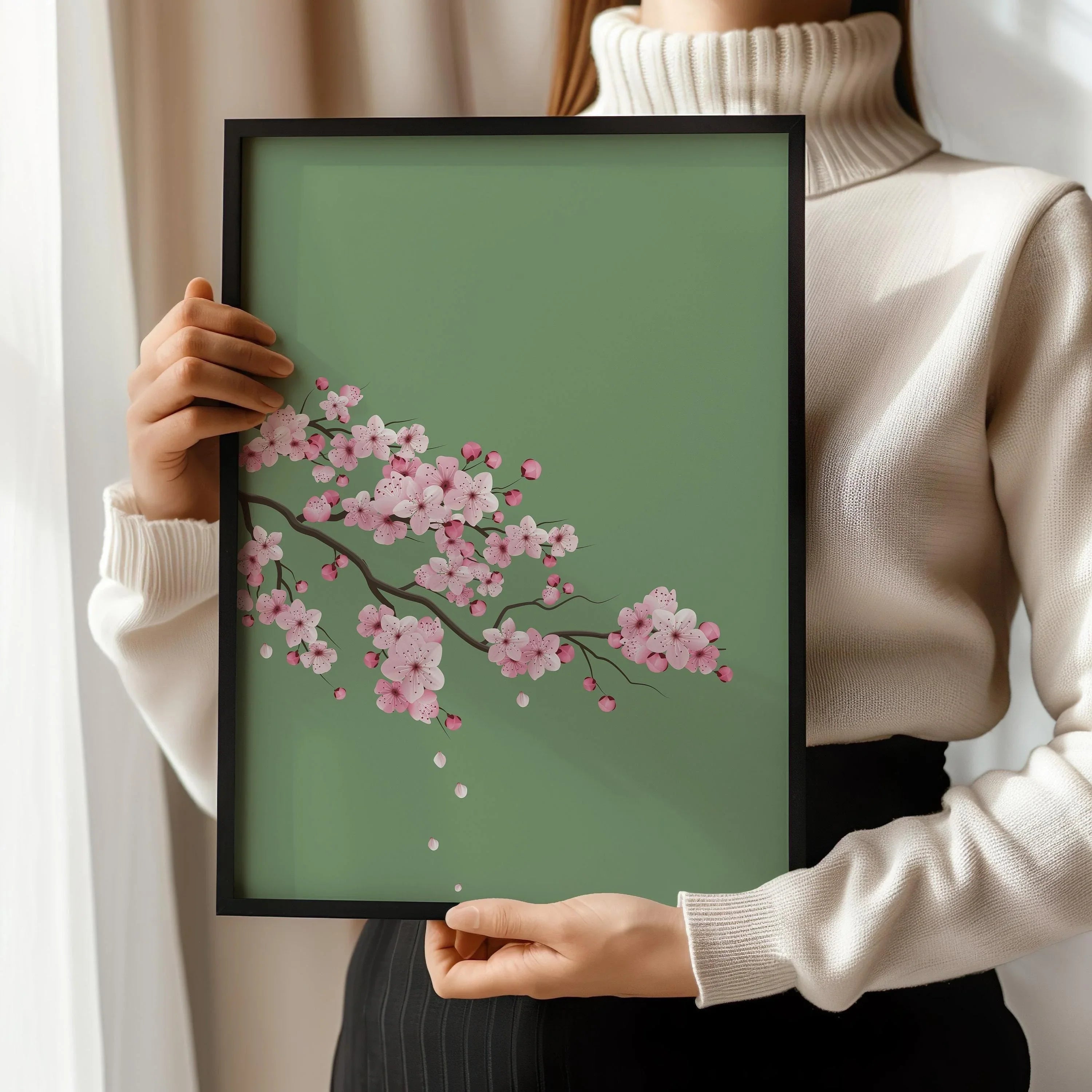 Cherry Blossoms with Emerald Green Background (available handframed ready to hang or unframed) - 9ArtPrints