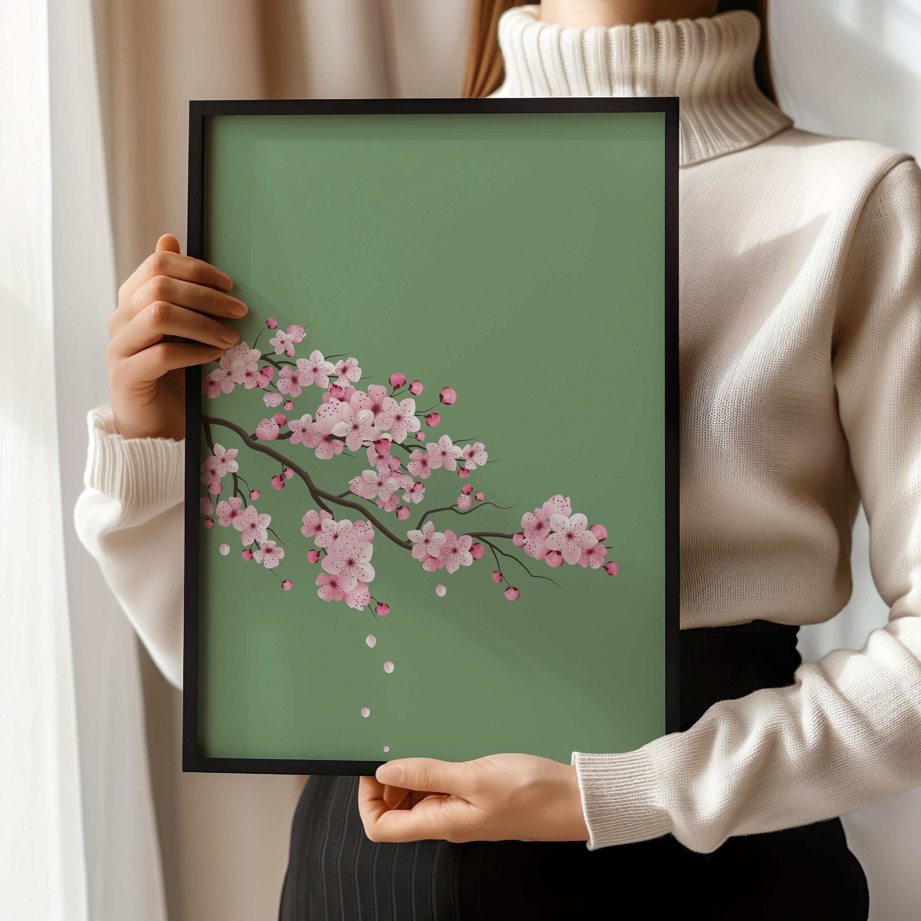 Cherry Blossoms with Emerald Green Background (available handframed ready to hang or unframed) - 9ArtPrints