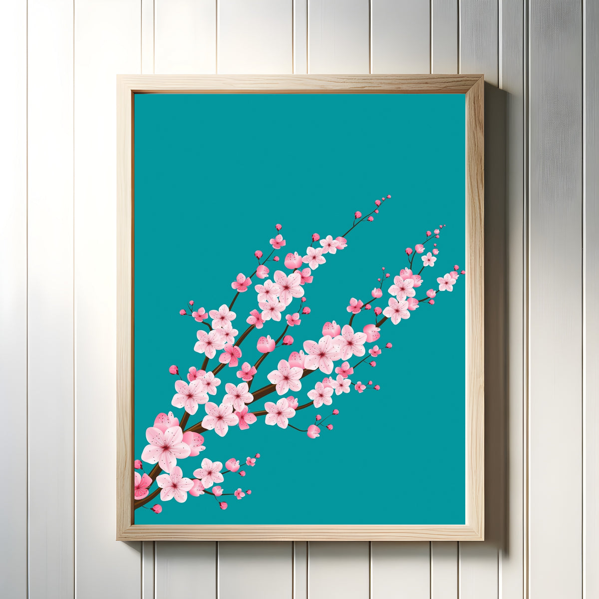 Framed art print of Teal Aquamarine by Original, in a light wood frame on a white panelled wall