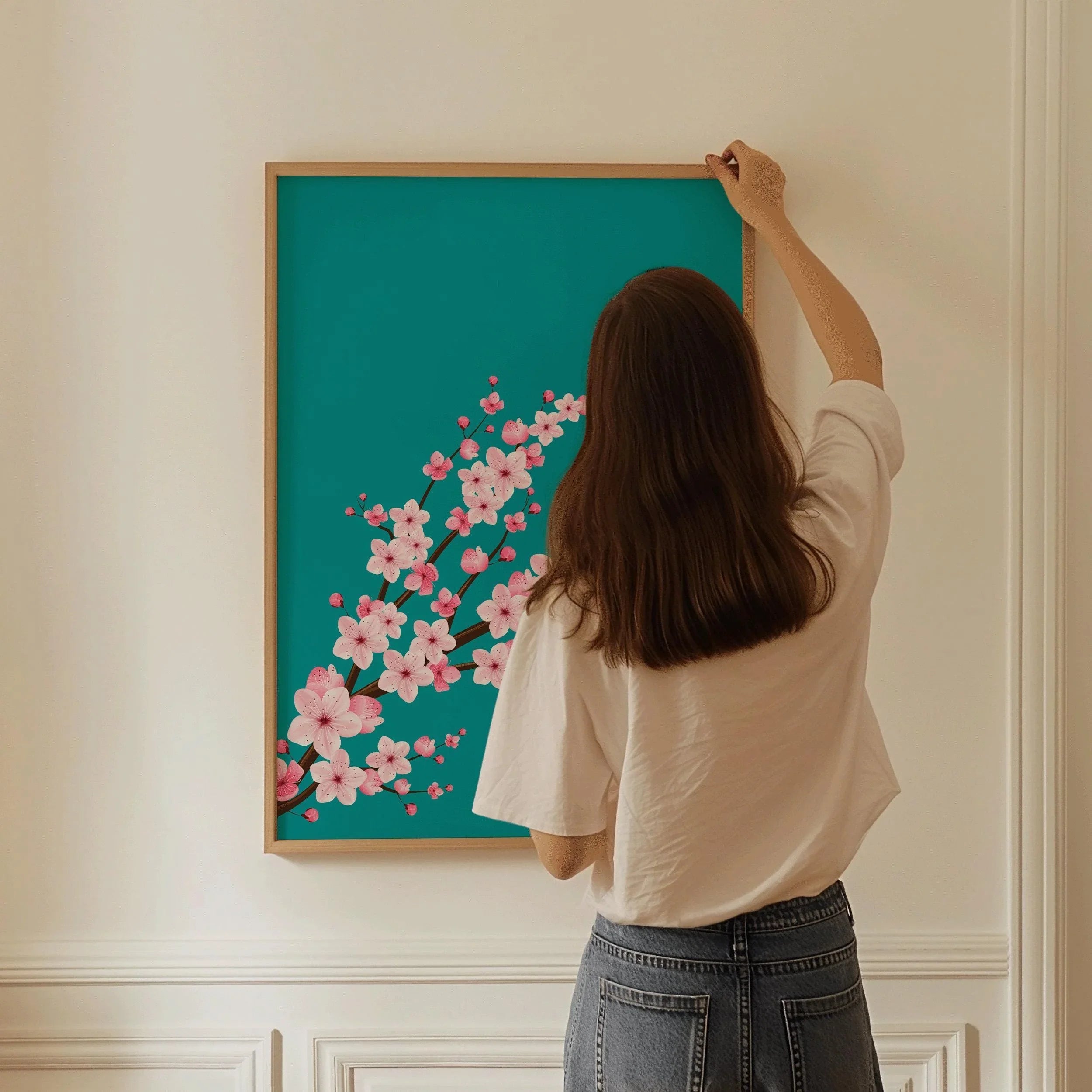 Cherry Blossoms with Teal Aquamarine Background (available handframed ready to hang or unframed) - 9ArtPrints