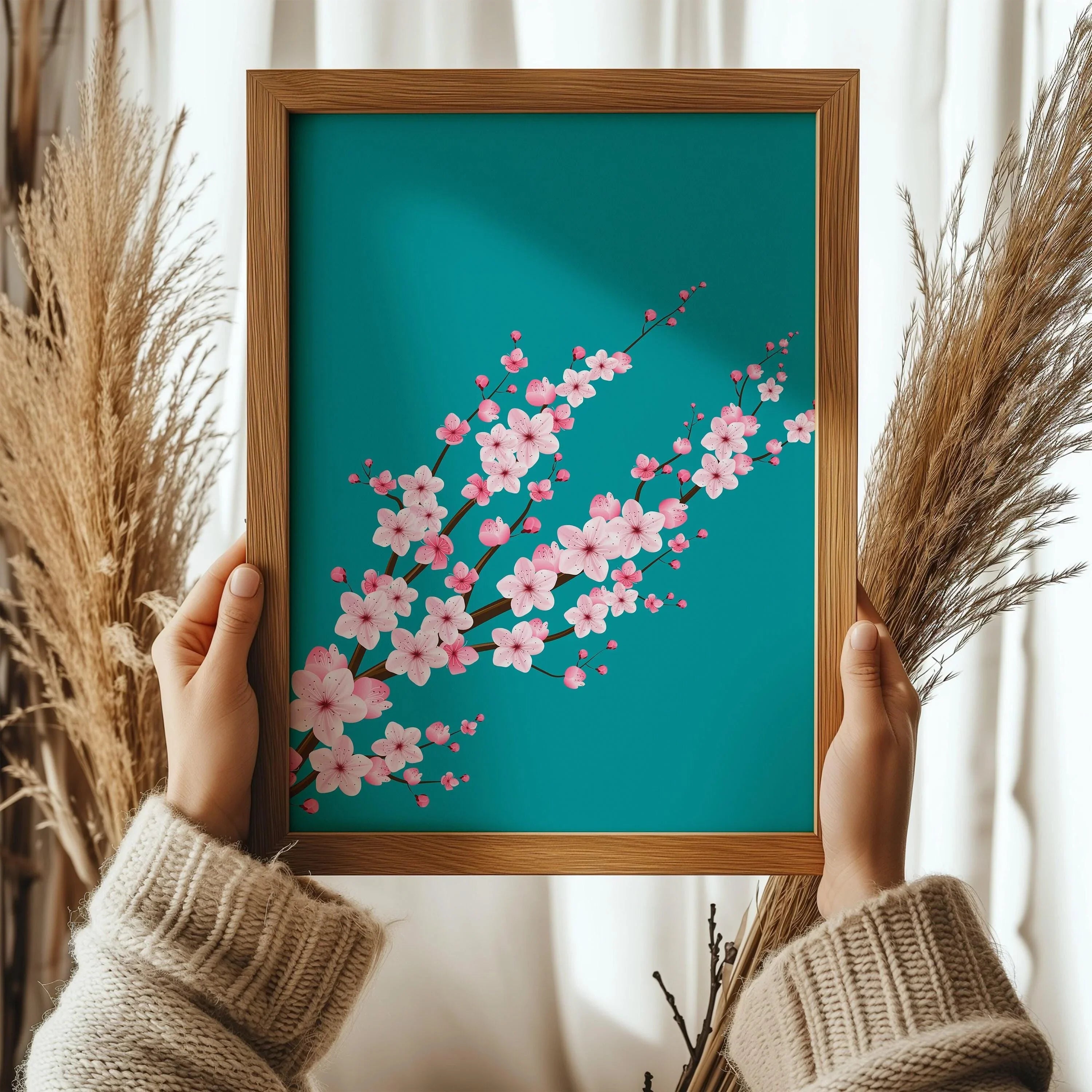 Cherry Blossoms with Teal Aquamarine Background (available handframed ready to hang or unframed) - 9ArtPrints