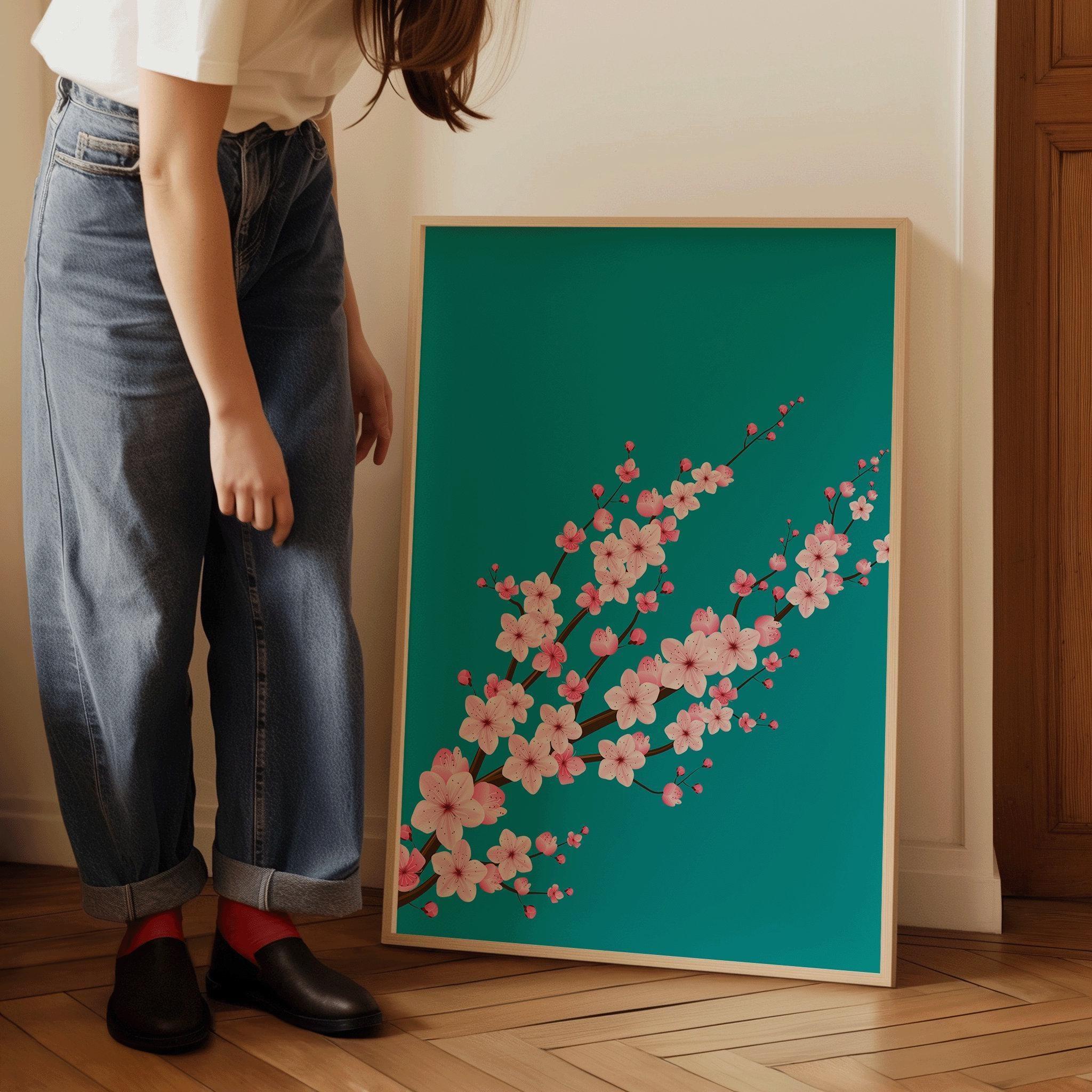 Cherry Blossoms with Teal Aquamarine Background (available handframed ready to hang or unframed) - 9ArtPrints