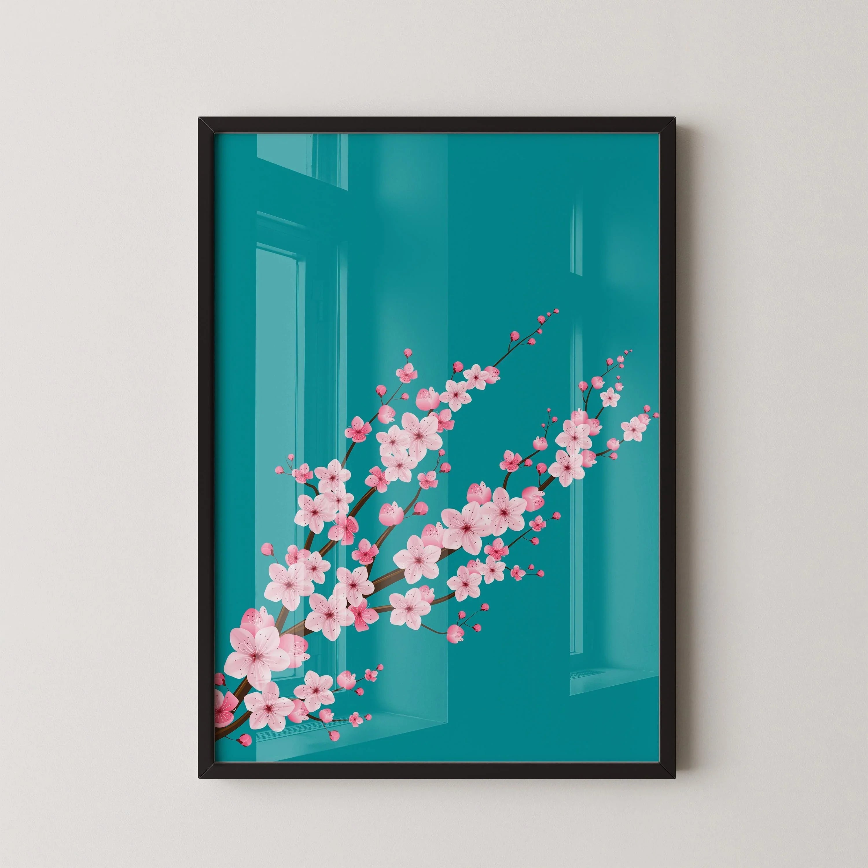 Cherry Blossoms with Teal Aquamarine Background (available handframed ready to hang or unframed) - 9ArtPrints