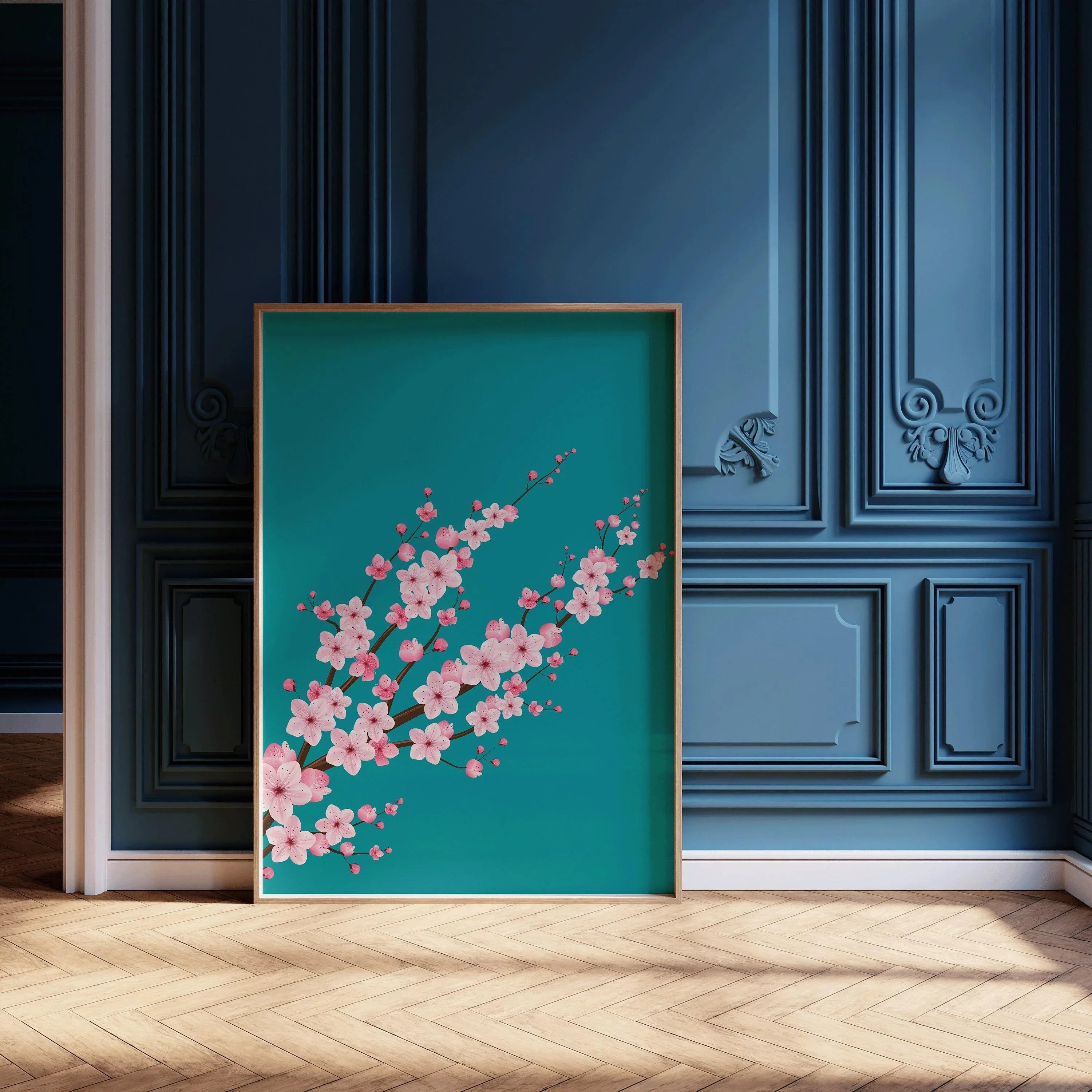 Cherry Blossoms with Teal Aquamarine Background (available handframed ready to hang or unframed) - 9ArtPrints