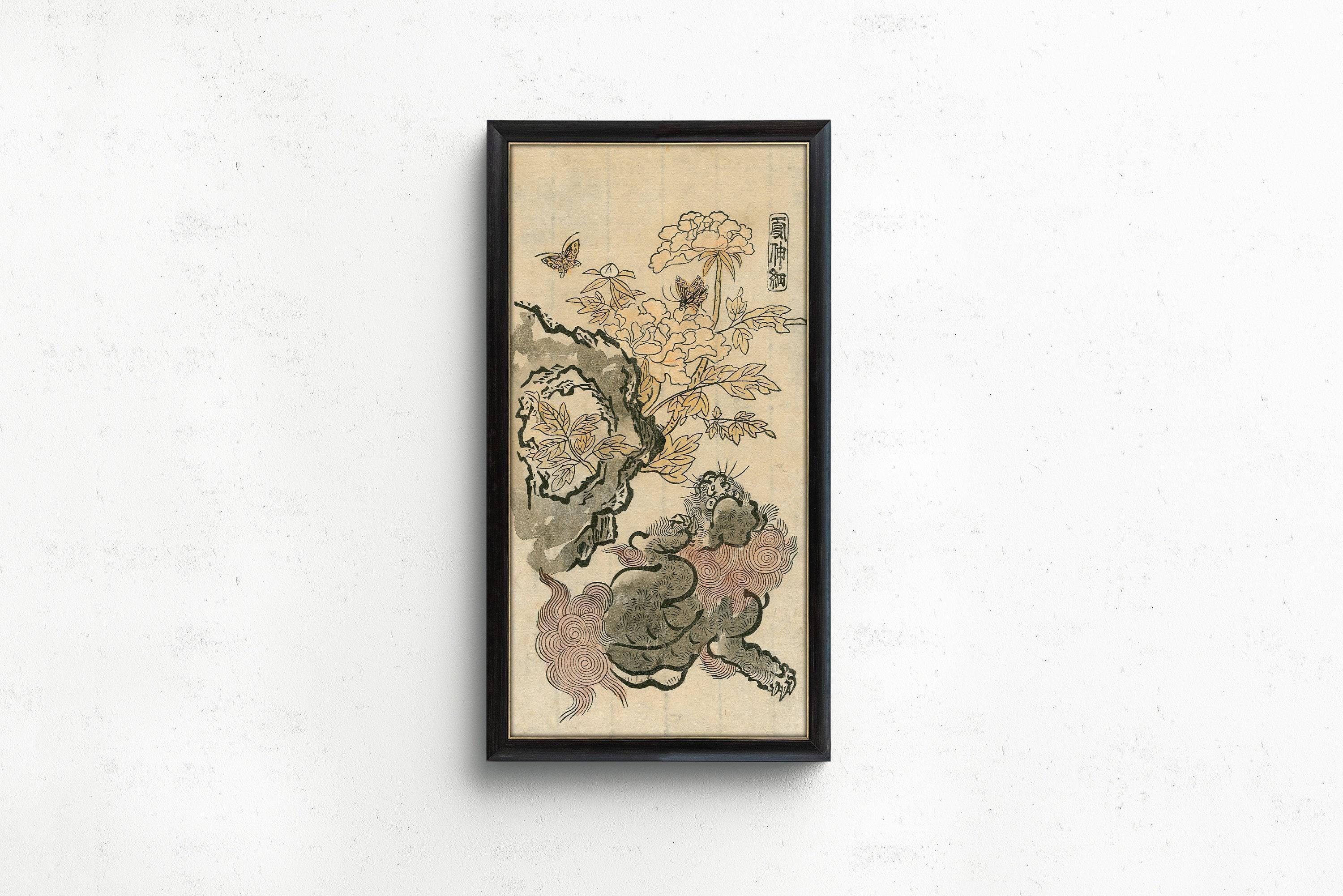 Chinese Lion & Peonies Giclee Print: Vintage Japanese Art - 9ArtPrints