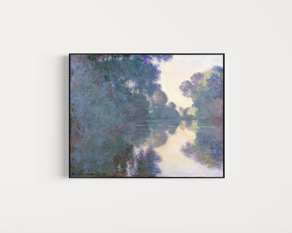 Framed art print of Morning on the Seine near Giverny by Claude Monet, in a slim black frame on a plain white wall