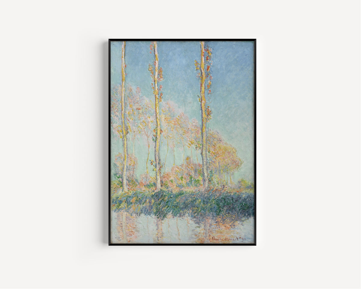 Poplars (Four Trees) by Claude Monet — in a slim black frame on a plain white wall