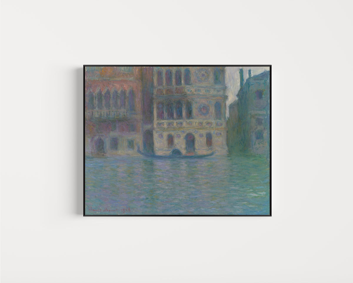 Framed art print of Venice, Palazzo Dario by Claude Monet, in a slim black frame on a plain white wall