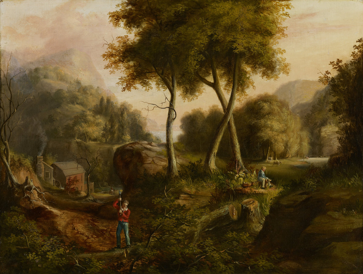 Landscape by Thomas Cole — A boy with a spade passes a turning watermill in a wooded valley