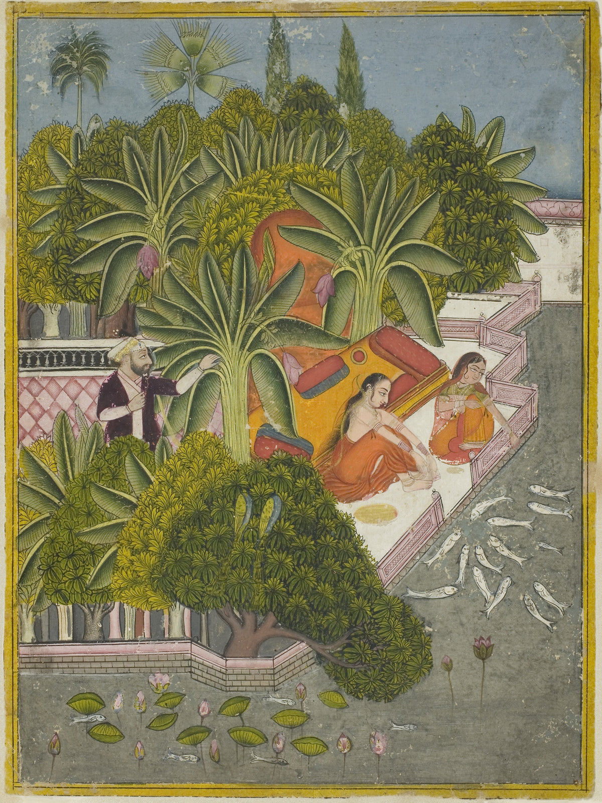 Bundi school — Royal Women Feeding Fish | Indian Miniature Painting Print