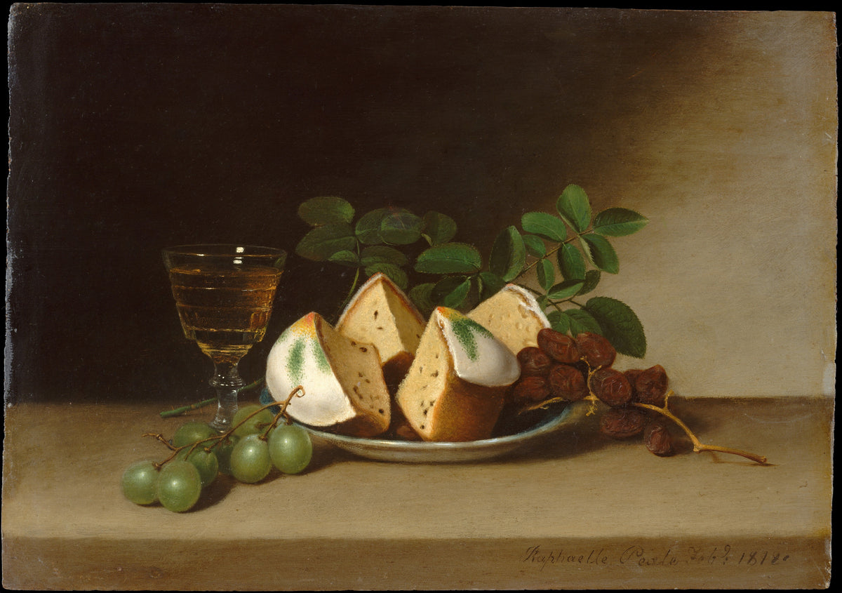 Still Life with Cake by Raphaelle Peale — Wedges of frosted cake sit beside grapes and dried dates
