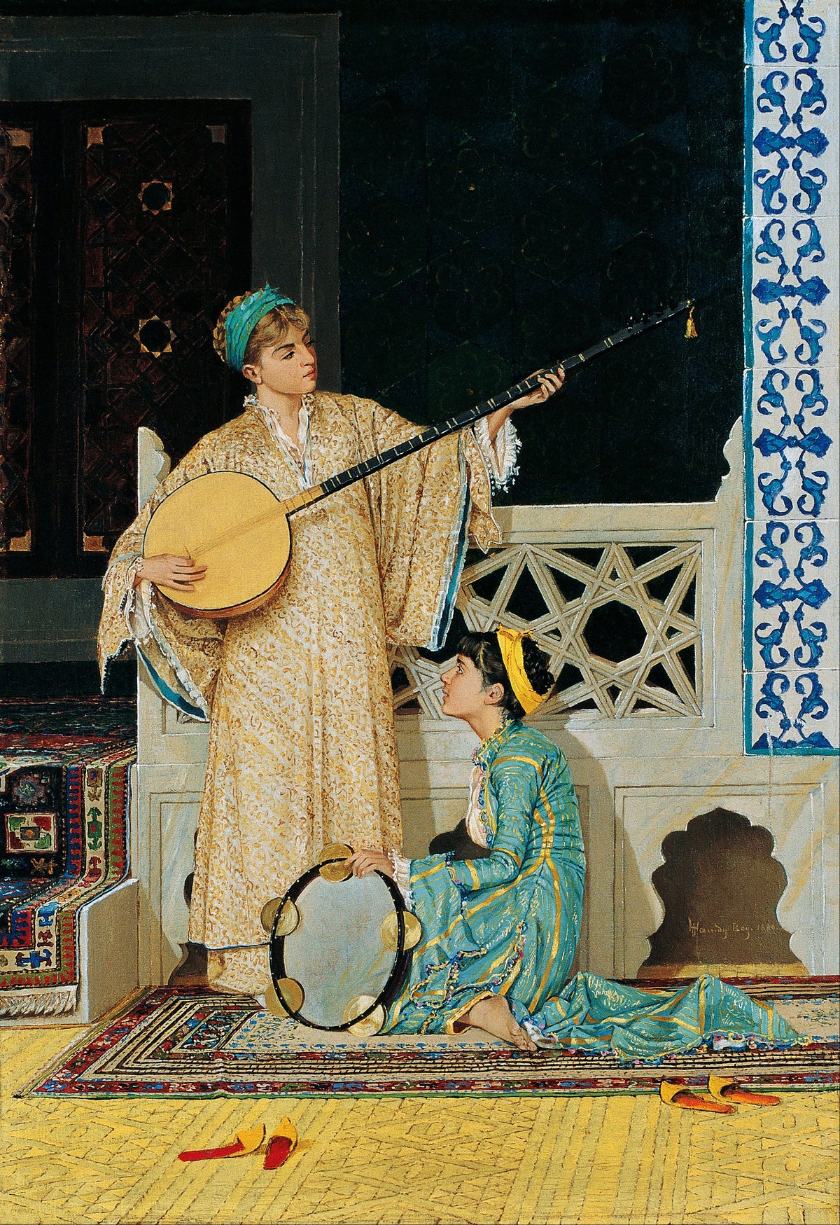 Two Musician Girls by Osman Hamdi Bey — Two musicians pause in a tiled Ottoman interior