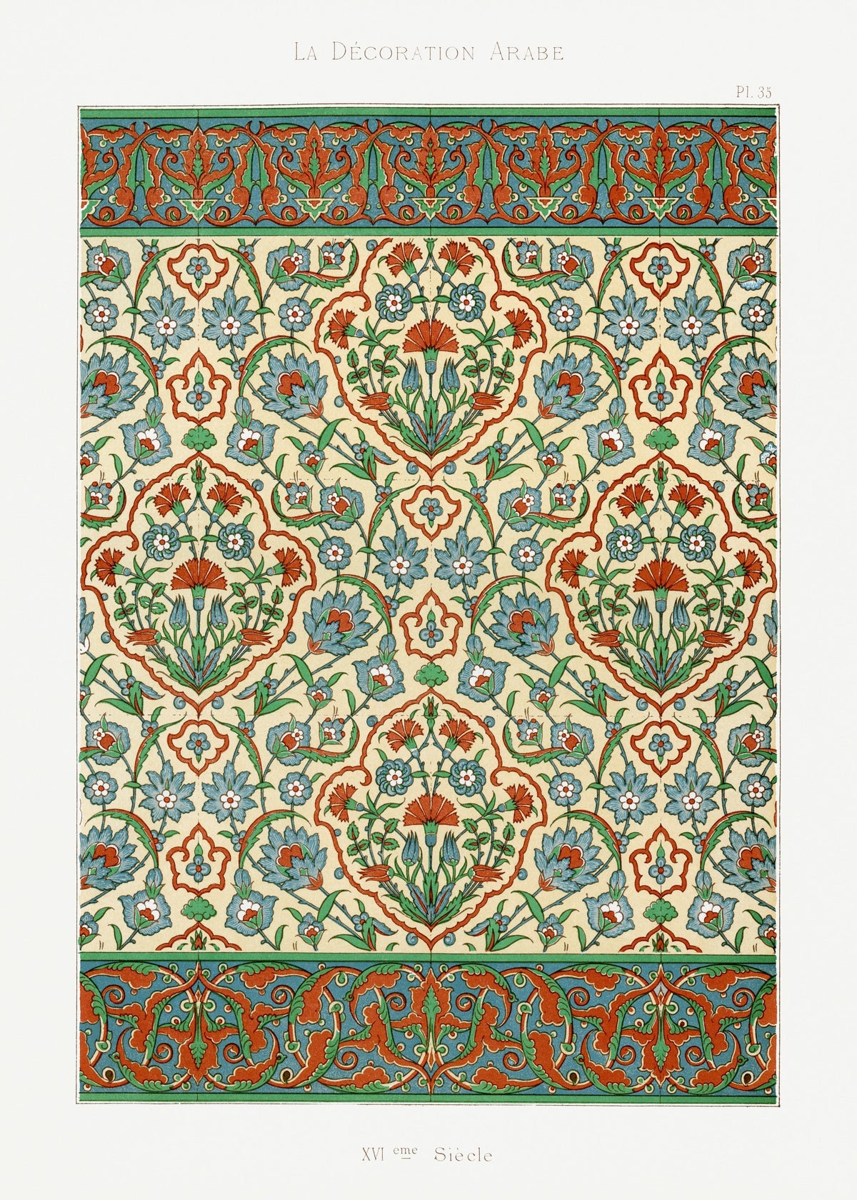 La Décoration Arabe, Plate 35 by Émile Prisse d'Avennes — Blue carnations and tulips repeat on cream